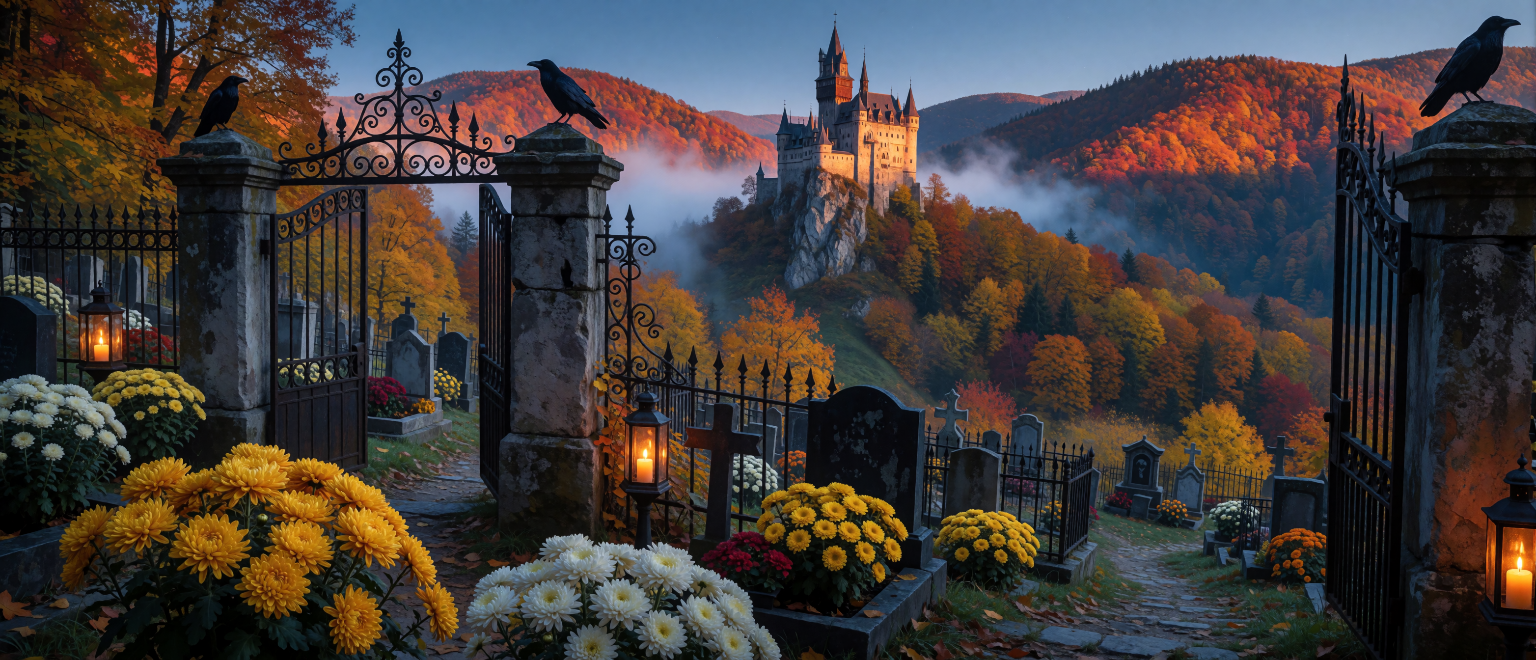 castle-belonging-cemetery-gate-transylvania-autumn-ultrawide
