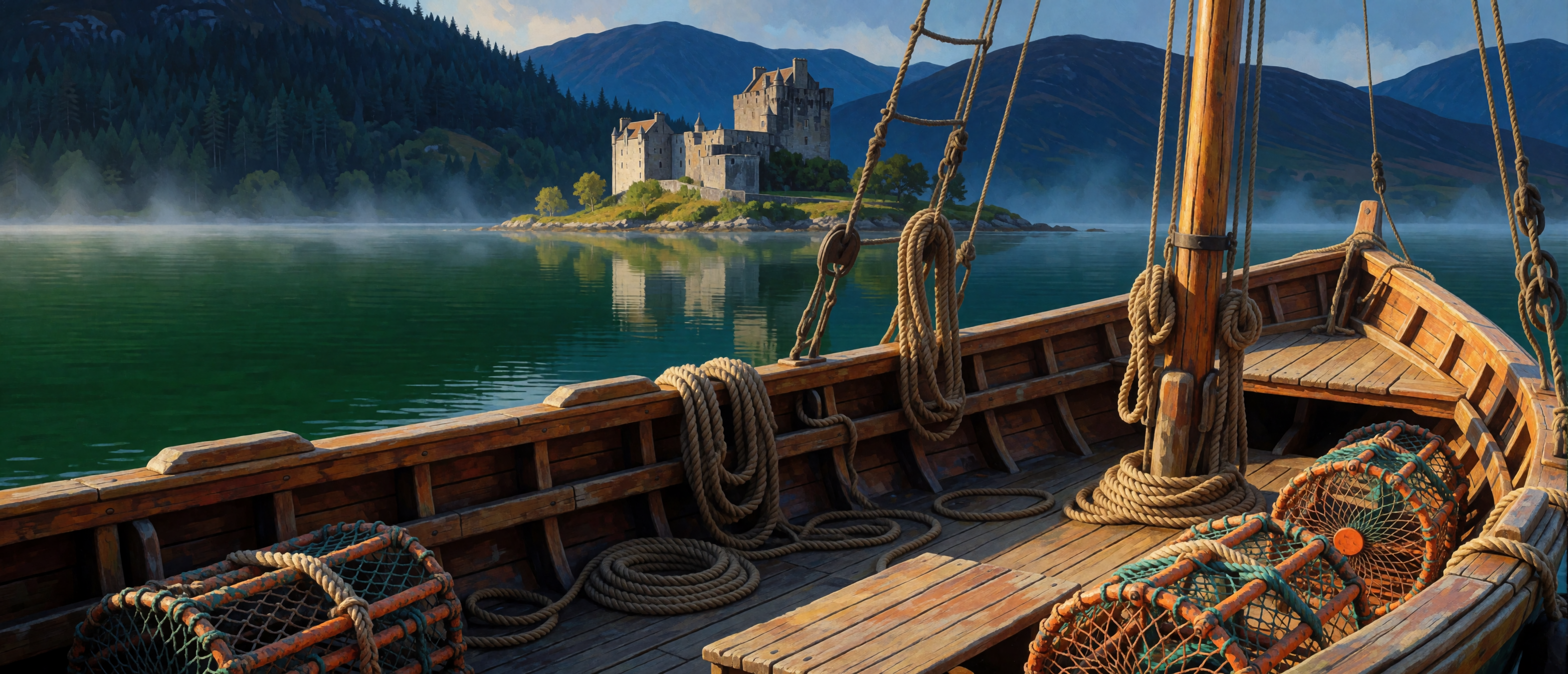 castle-belonging-fishing-boat-scottish-loch-ultrawide