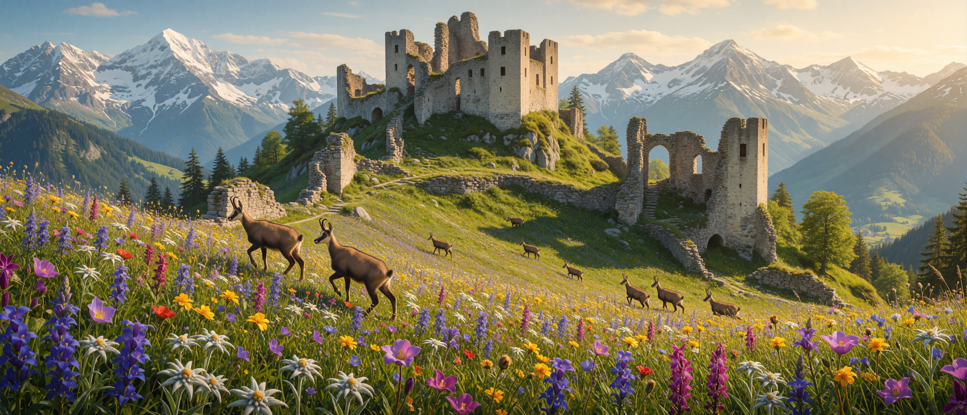 castle-ruin-austrian-alpine-meadow-wildflowers-chamois-ultrawide