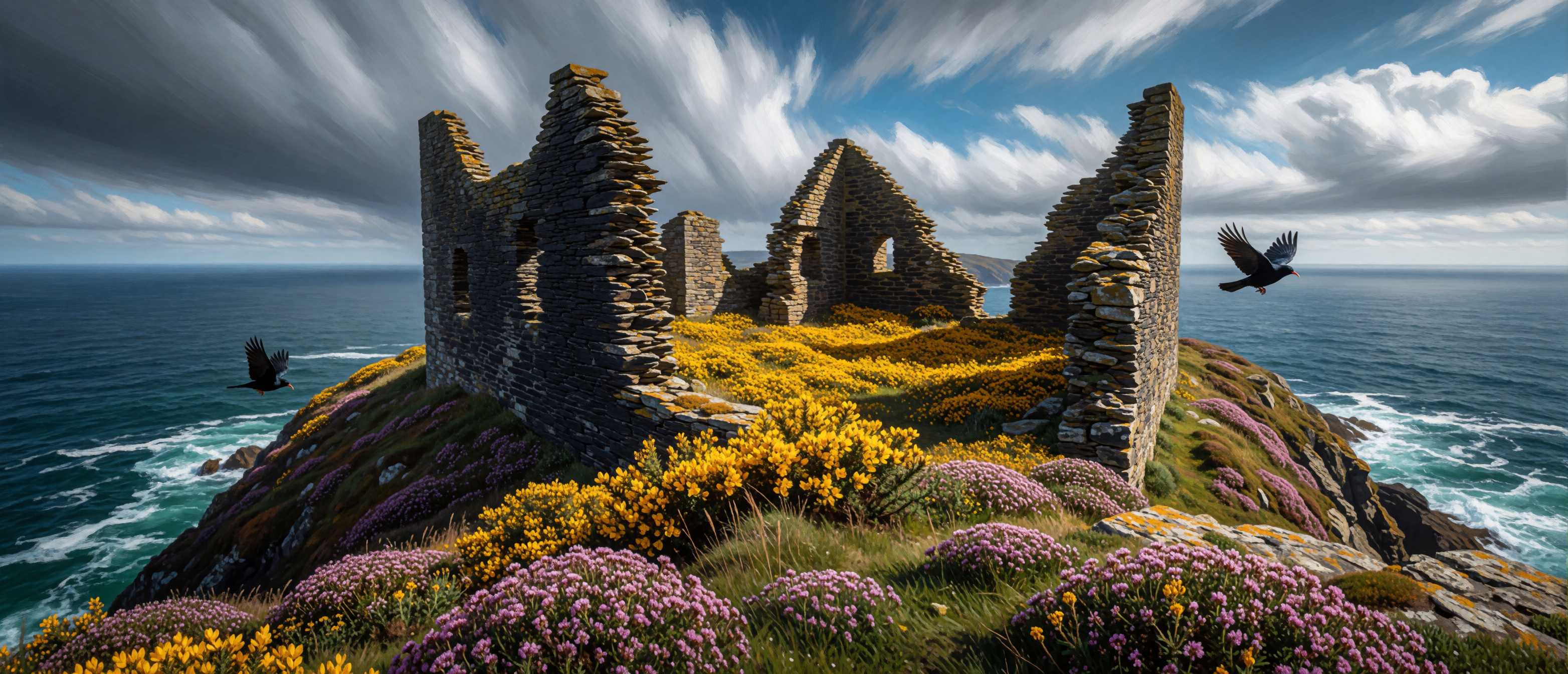 castle-ruin-brittany-coastal-yellow-gorse-ultrawide