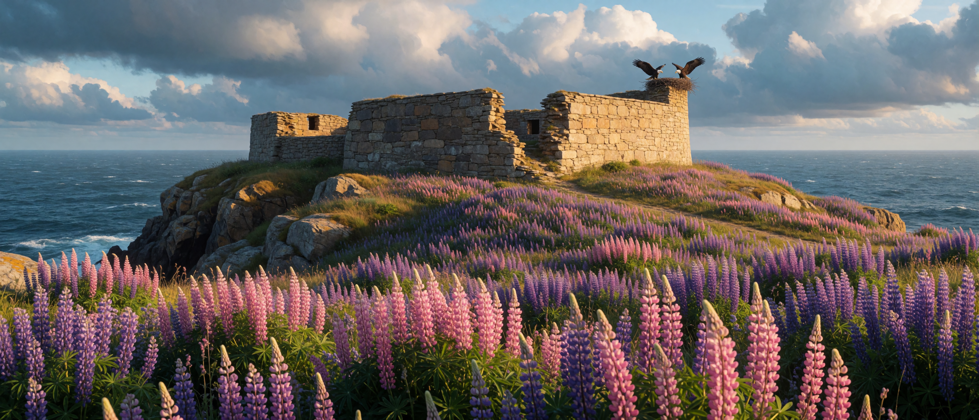 castle-ruin-canadian-nova-scotia-lupines-bald-eagles-ultrawide