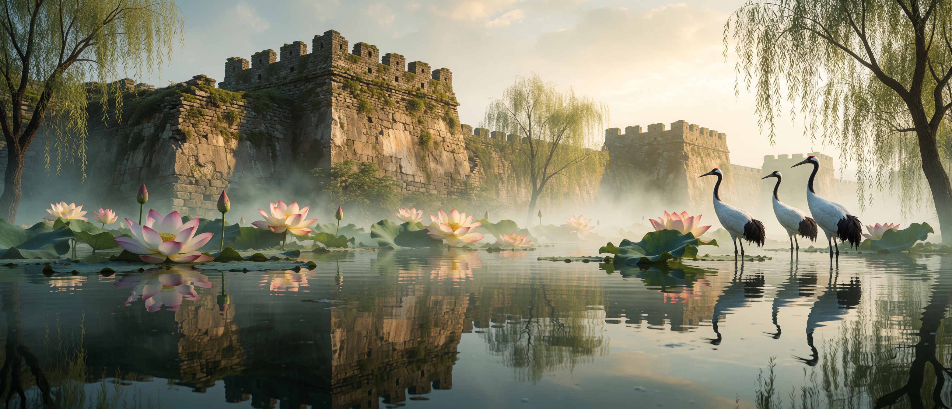 castle-ruin-chinese-river-delta-lotus-cranes-mist-ultrawide