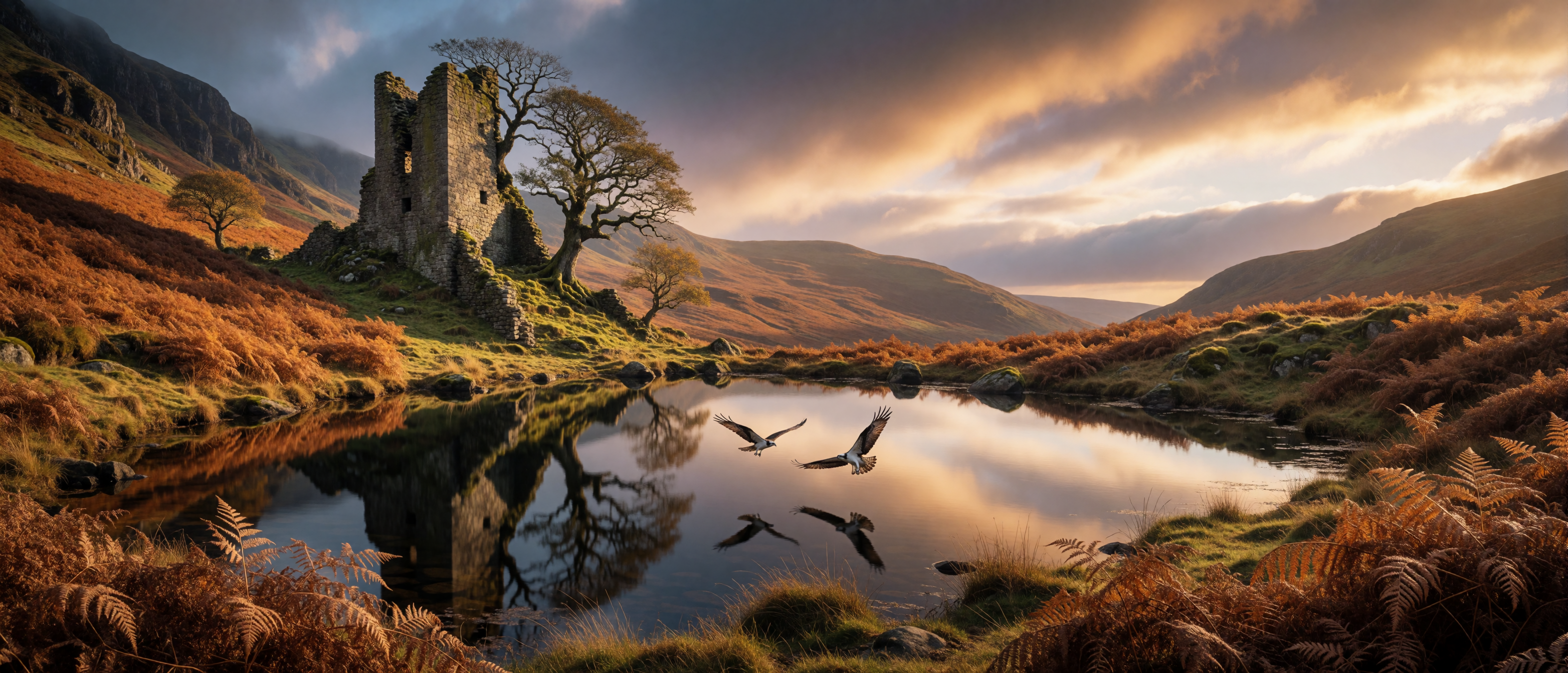 castle-ruin-english-lake-district-tarn-autumn-osprey-ultrawide