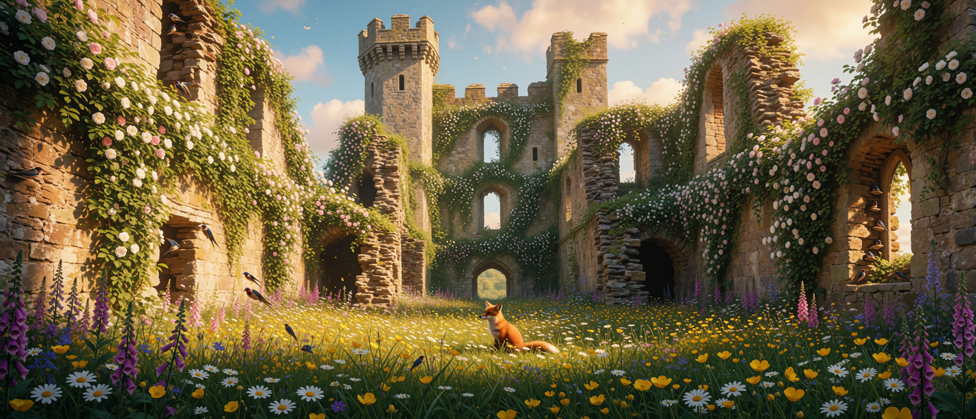 castle-ruin-english-wildflower-meadow-summer-ultrawide