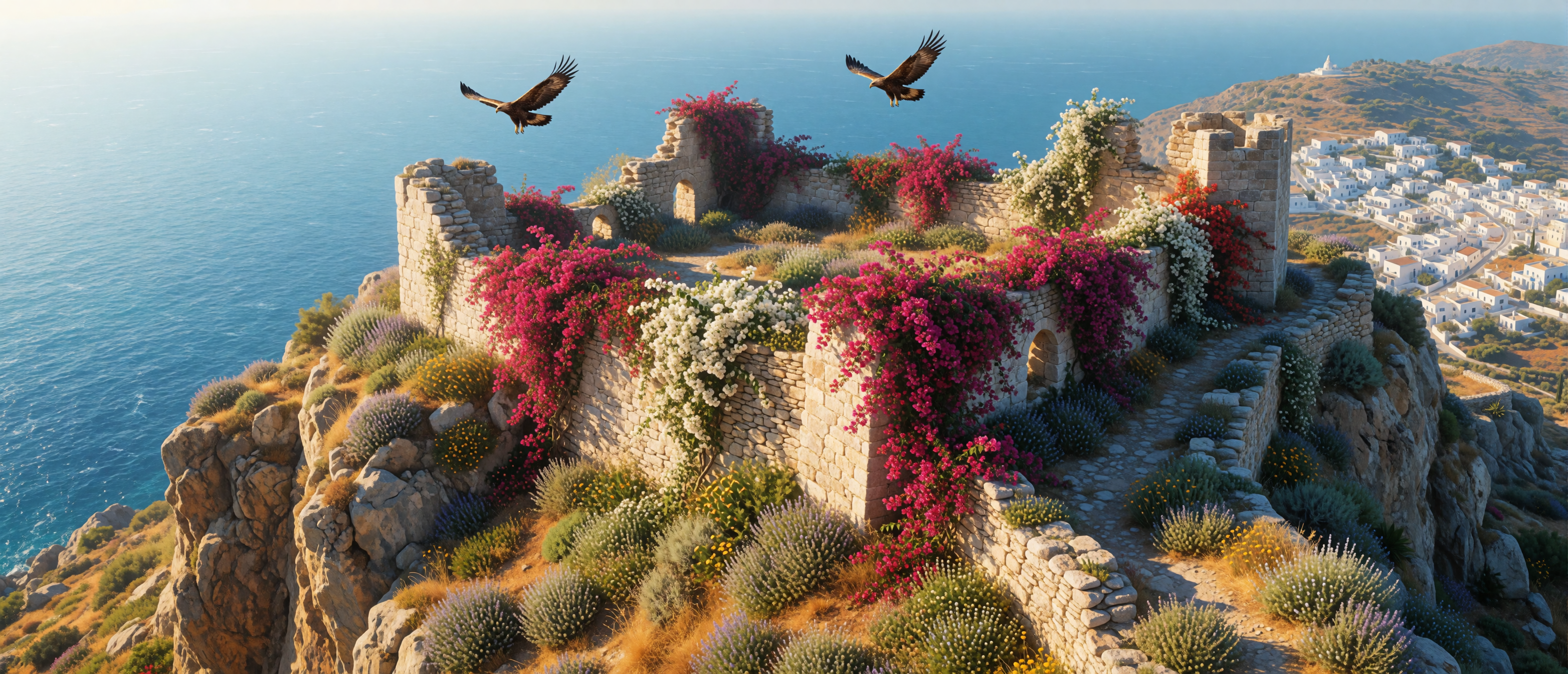 castle-ruin-greek-island-clifftop-bougainvillea-eagles-ultrawide