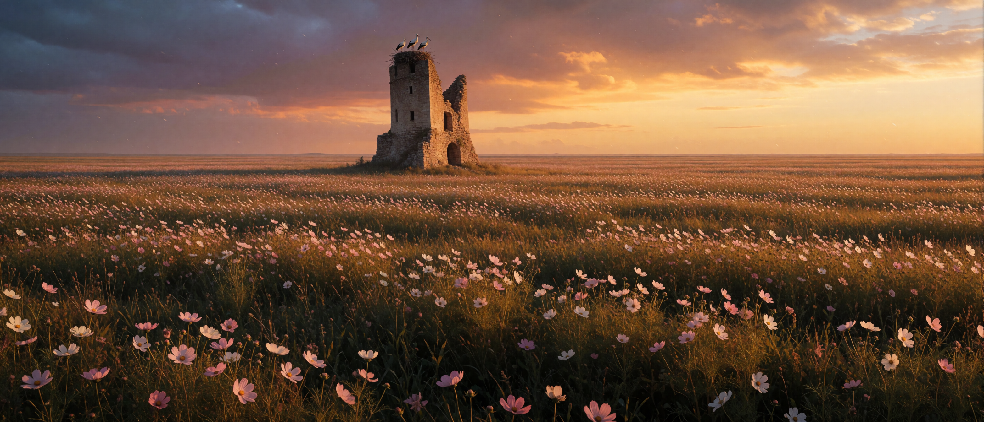castle-ruin-hungarian-great-plain-cosmos-flowers-storks-ultrawide