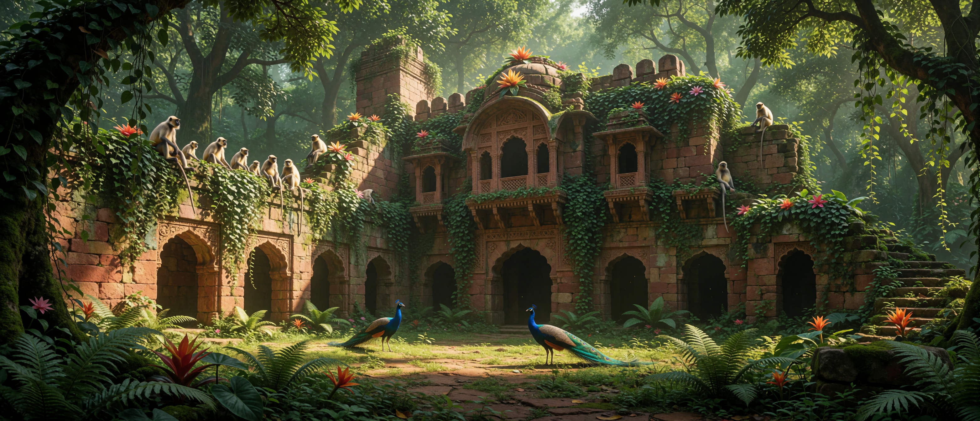 castle-ruin-indian-rajasthan-monsoon-forest-langurs-peacocks-ultrawide
