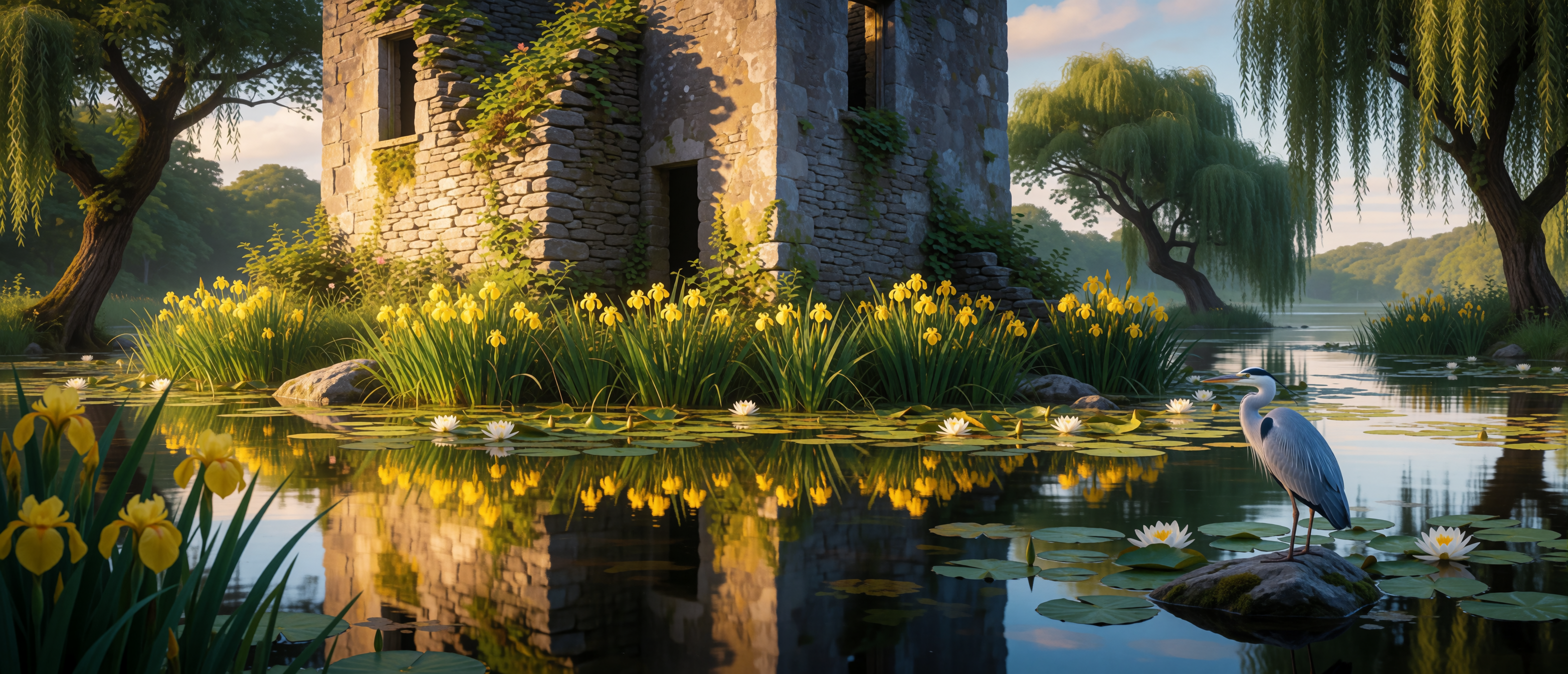 castle-ruin-irish-lakeside-yellow-iris-ultrawide