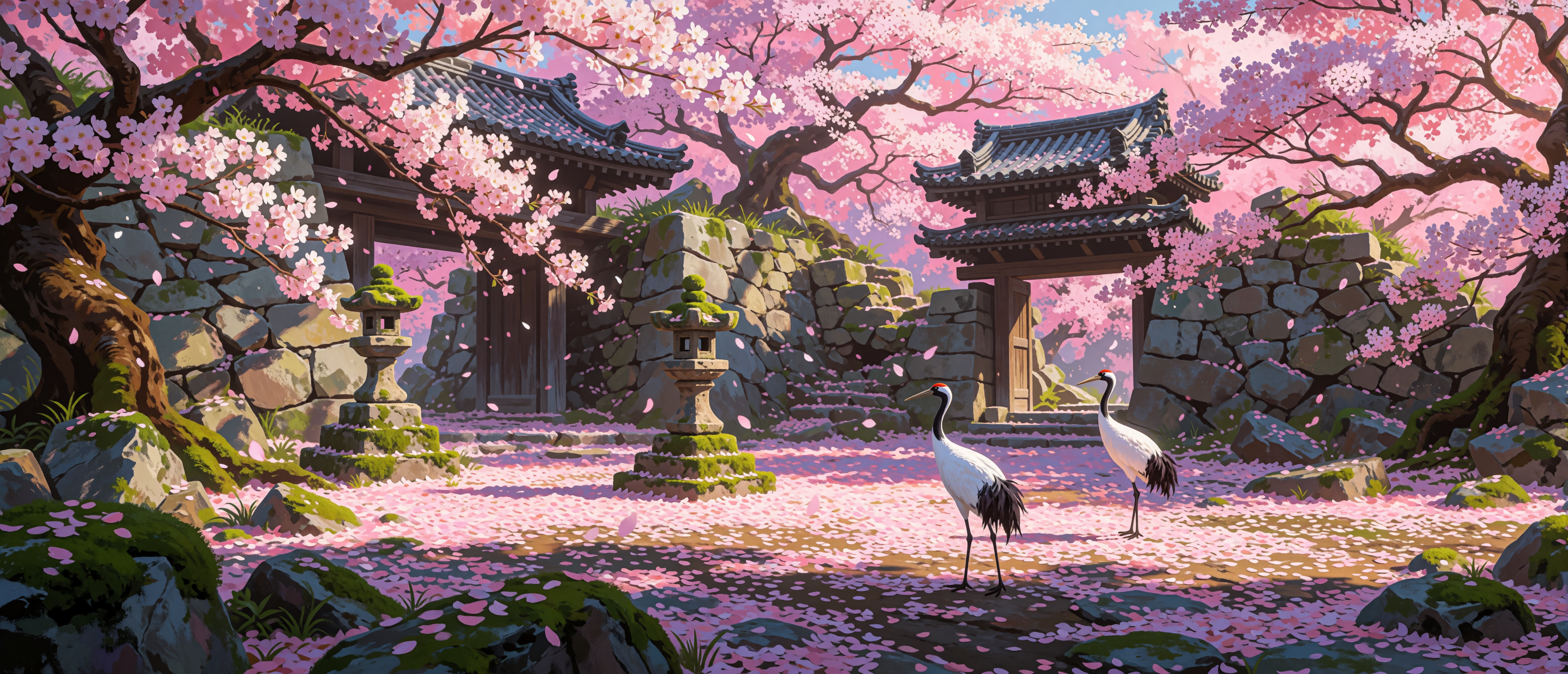 castle-ruin-japanese-cherry-blossom-cranes-ultrawide