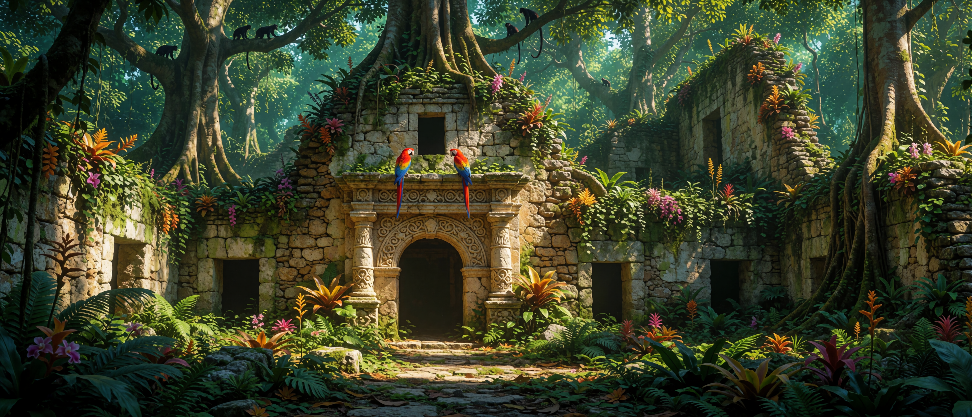 castle-ruin-mexican-yucatan-jungle-orchids-macaws-ultrawide