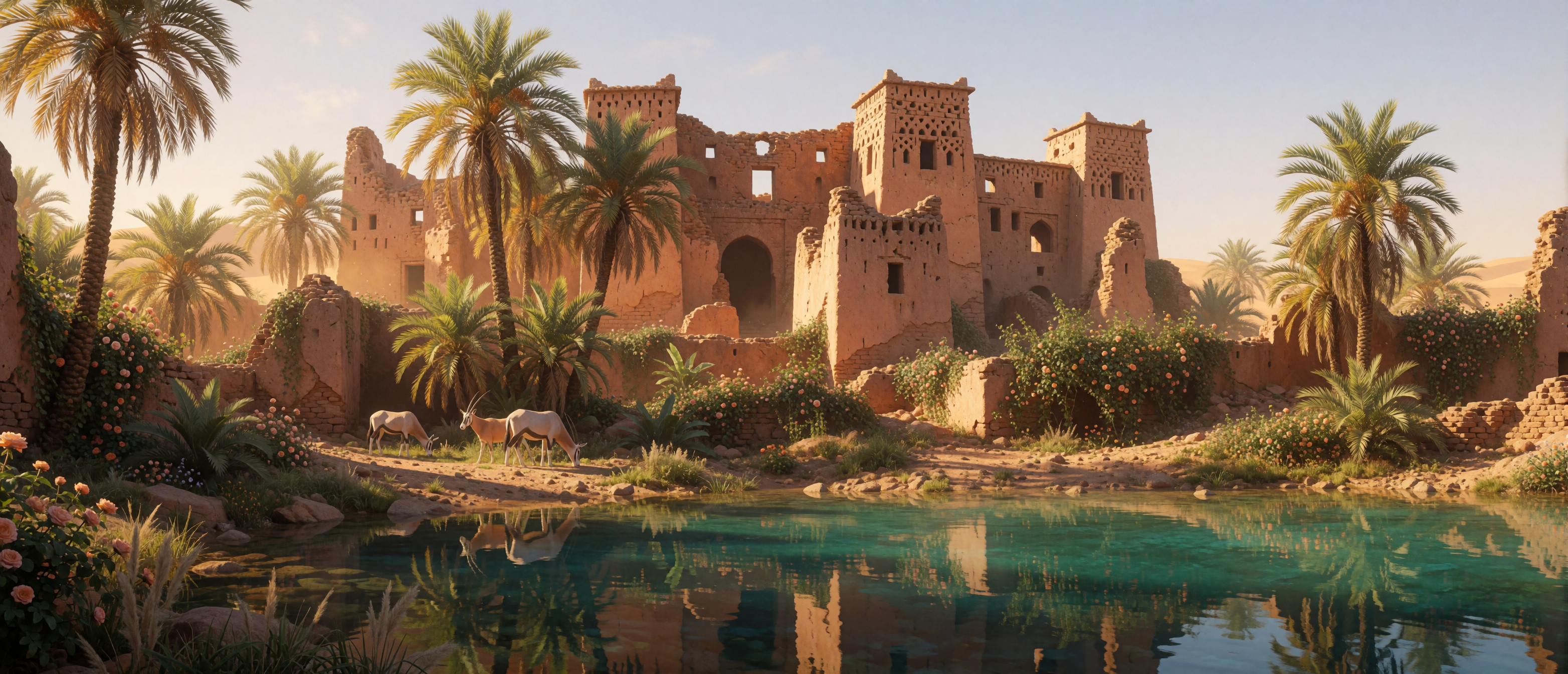 castle-ruin-moroccan-desert-oasis-palms-oryx-ultrawide