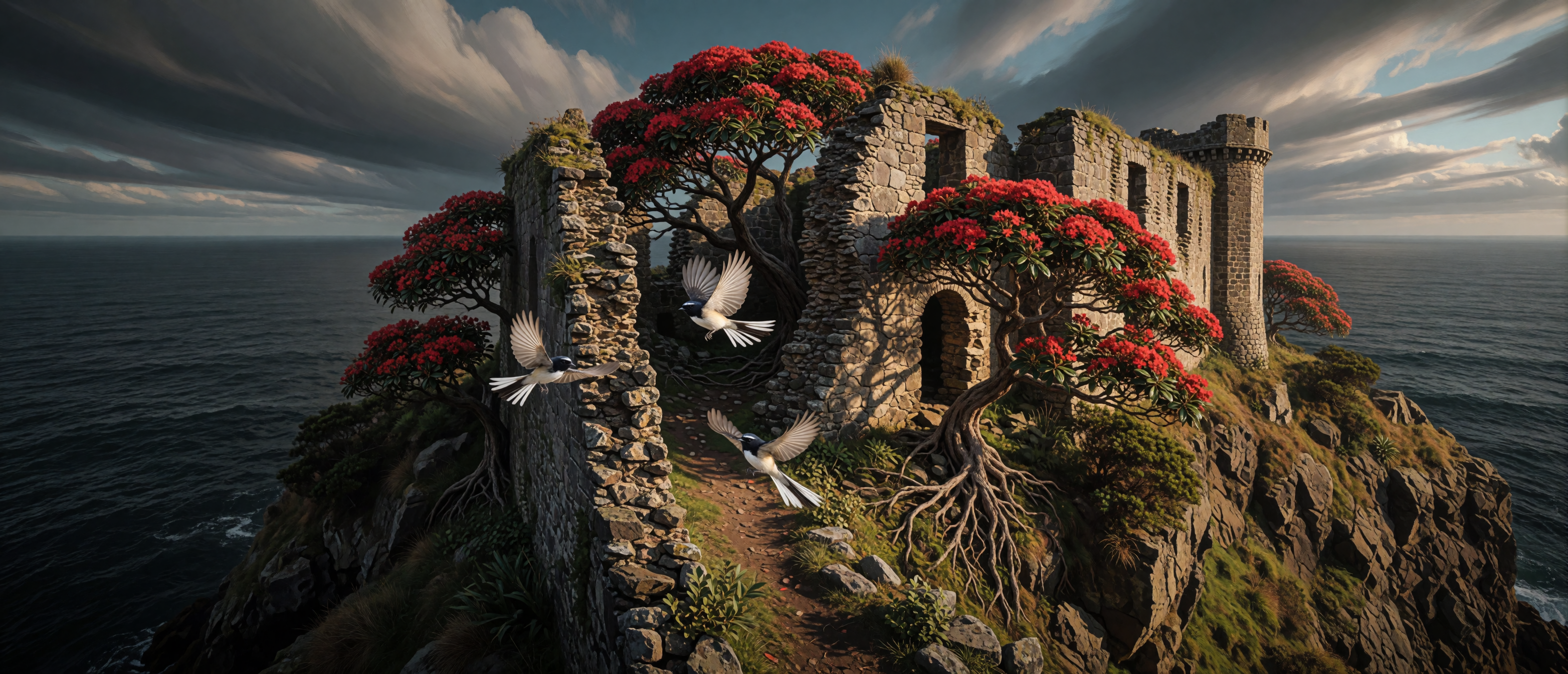 castle-ruin-new-zealand-coastal-cliffs-pohutukawa-fantails-ultrawide