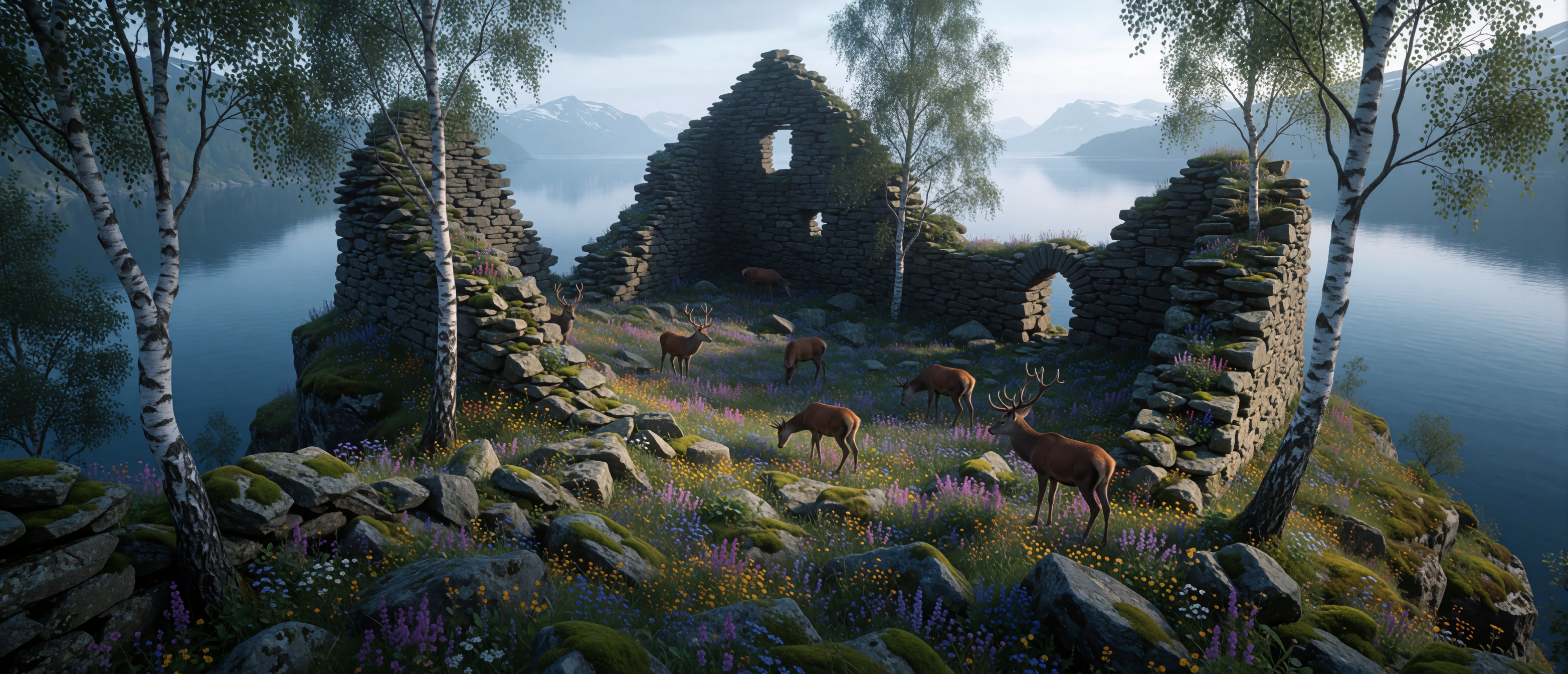 castle-ruin-norwegian-fjord-birch-forest-red-deer-ultrawide