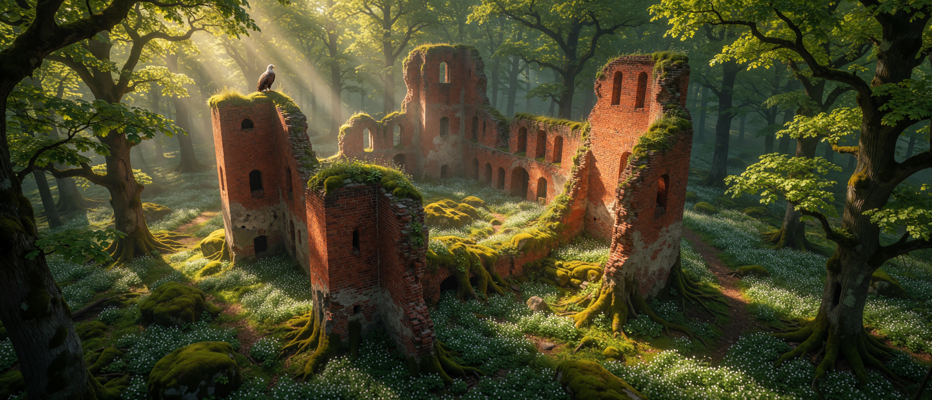 castle-ruin-polish-forest-oak-red-brick-ultrawide