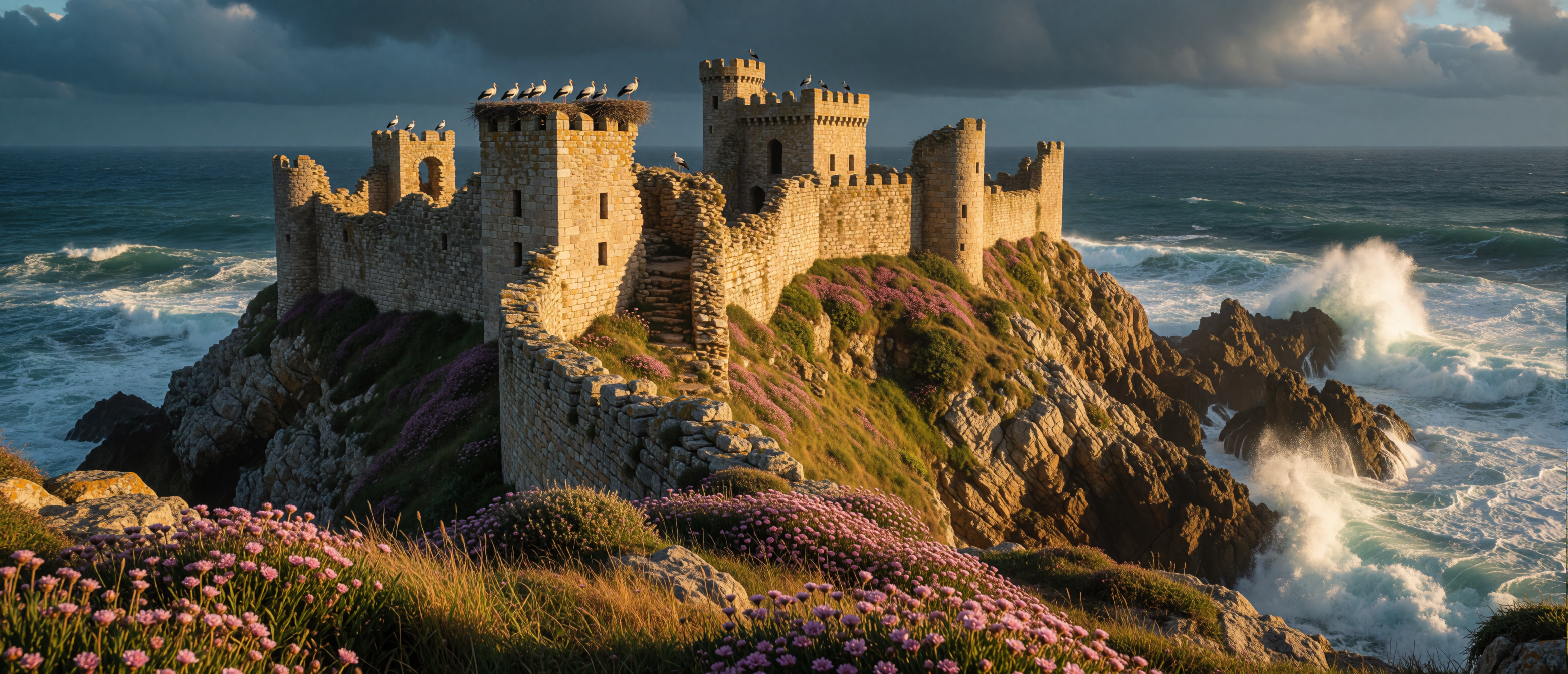 castle-ruin-portuguese-atlantic-coast-sea-pinks-storks-ultrawide