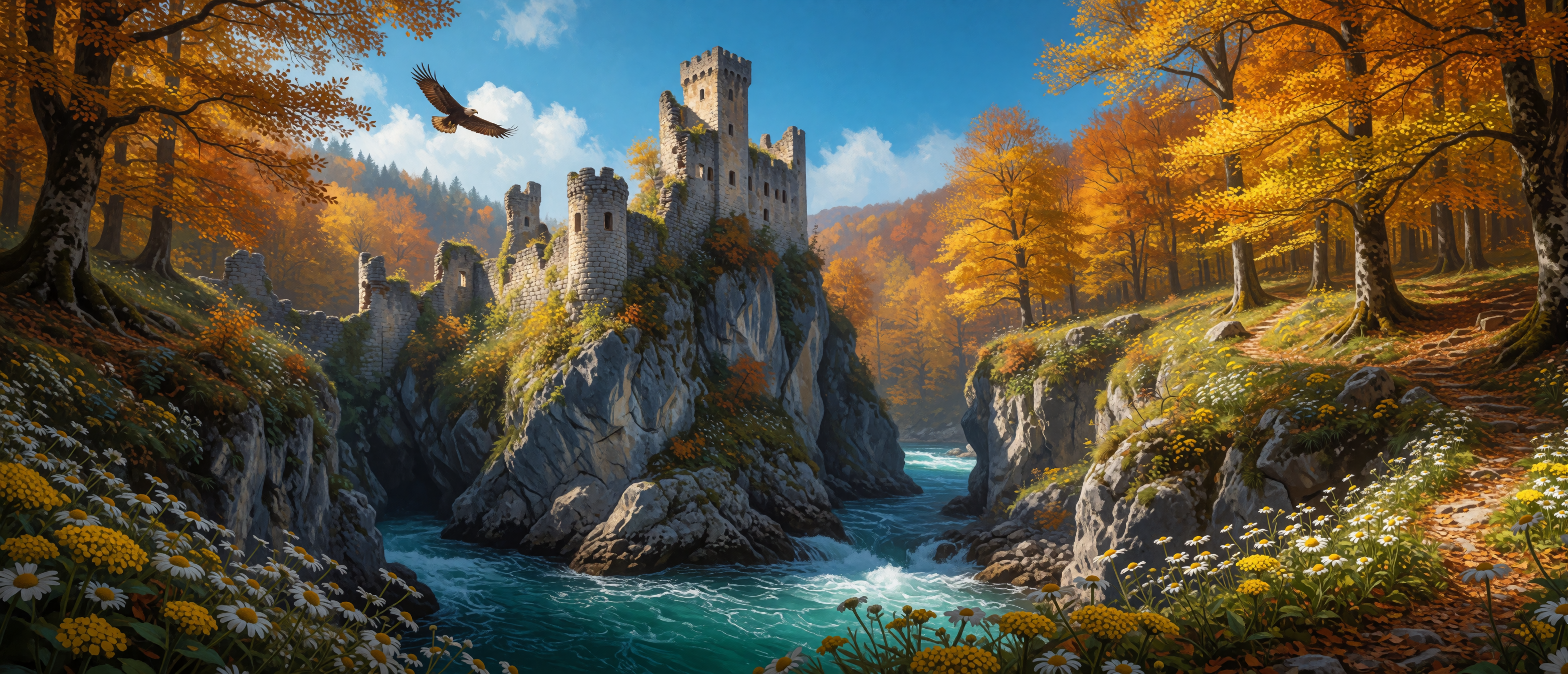 castle-ruin-romanian-gorge-autumn-turquoise-river-ultrawide