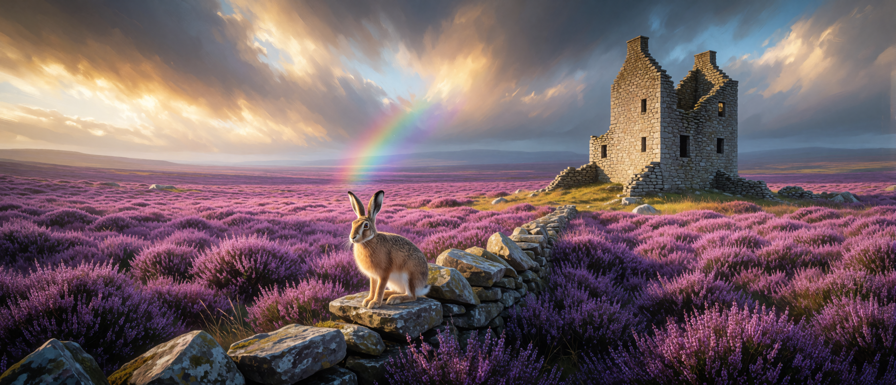 castle-ruin-scottish-moorland-heather-rainbow-ultrawide