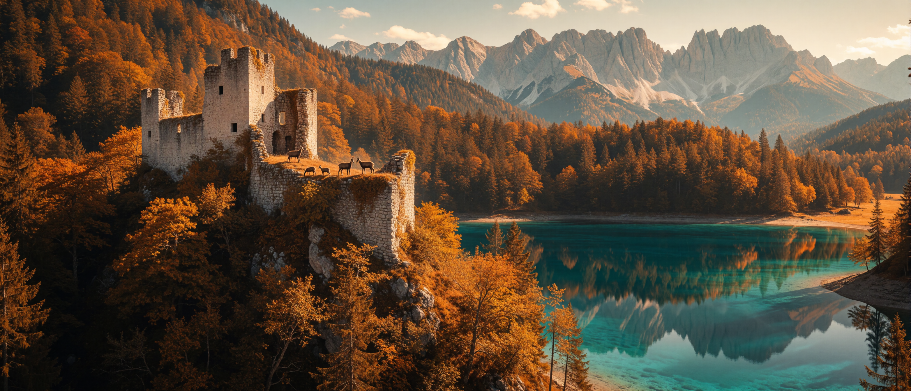 castle-ruin-slovenian-alpine-lake-turquoise-chamois-autumn-ultrawide