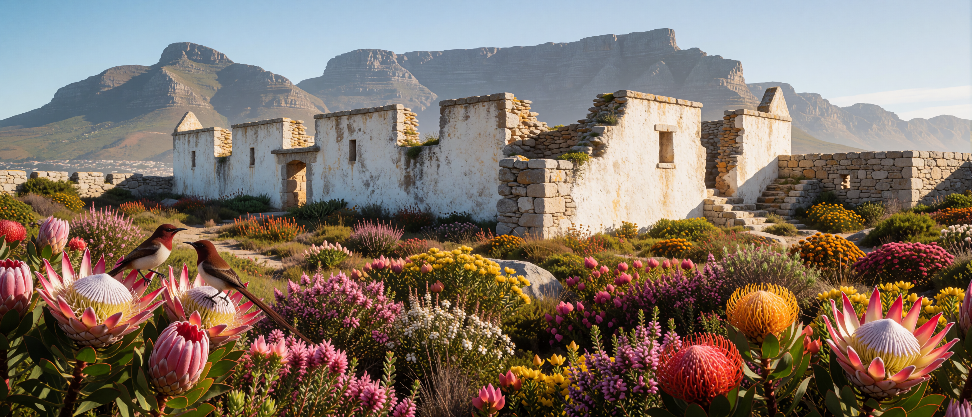 castle-ruin-south-african-fynbos-proteas-sugarbirds-ultrawide