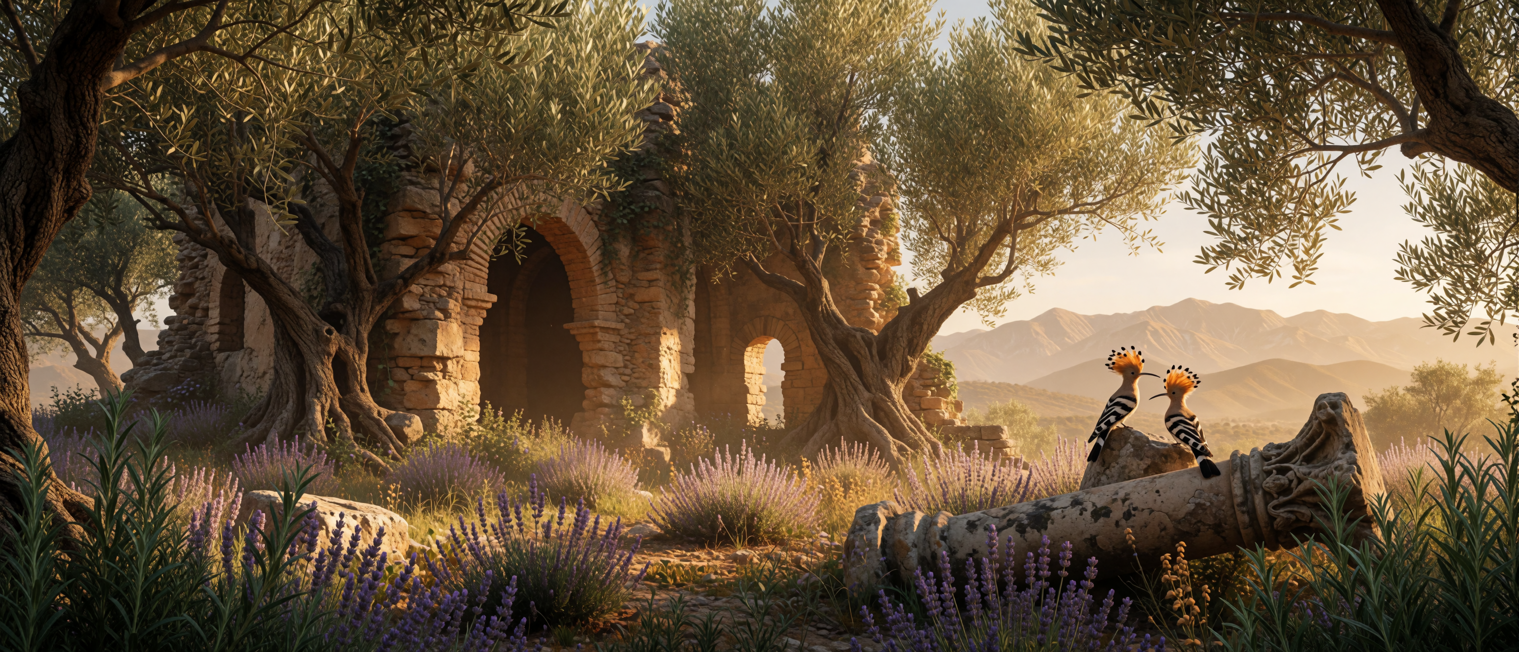castle-ruin-spanish-andalusian-olive-grove-hoopoe-ultrawide