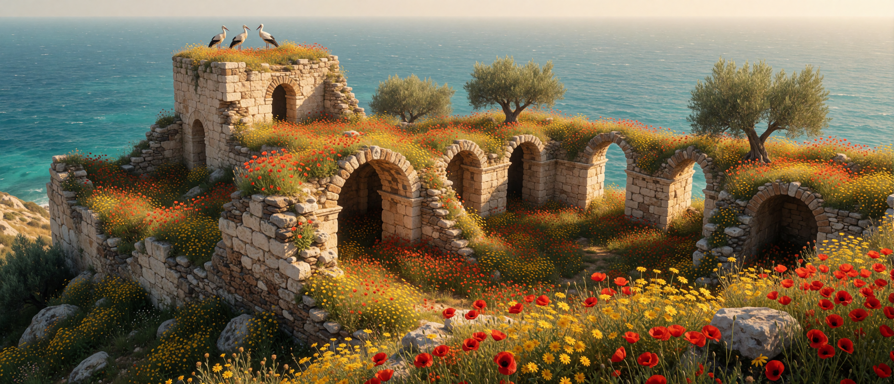 castle-ruin-turkish-aegean-wildflowers-poppies-storks-ultrawide