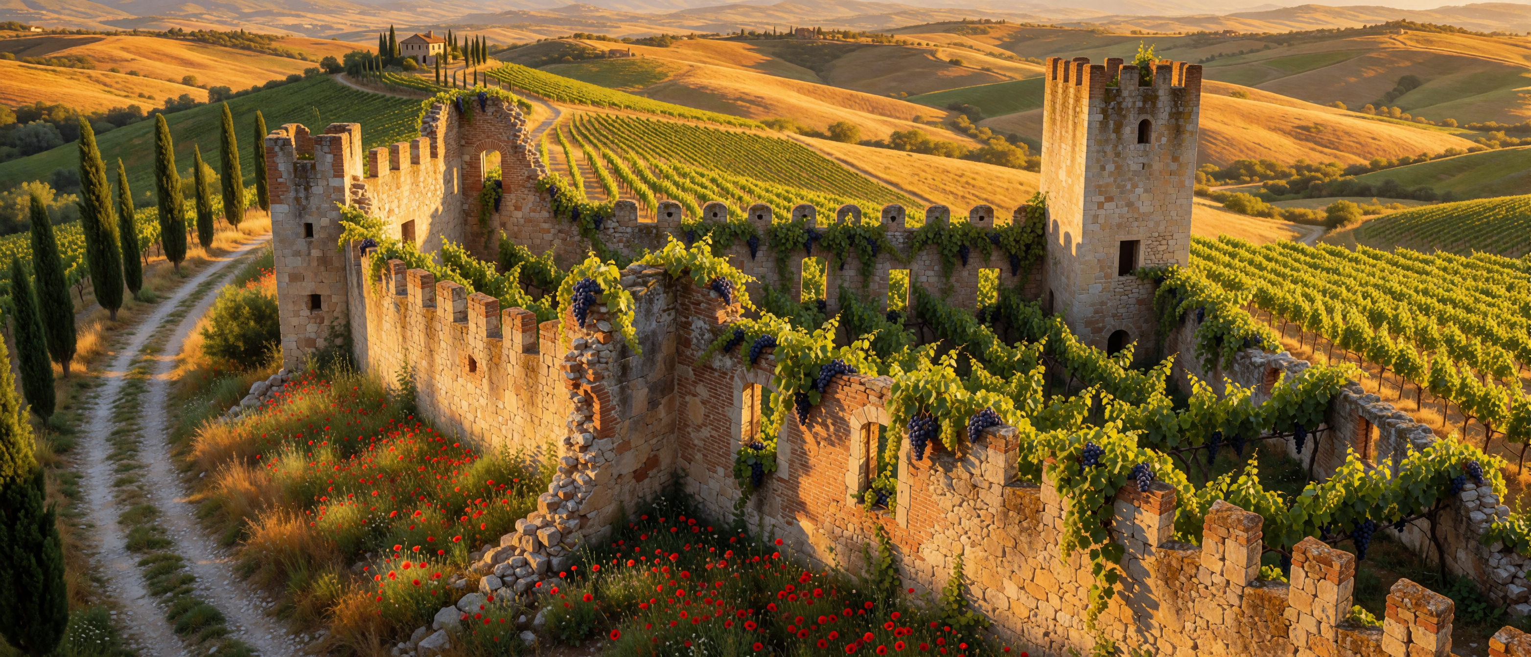 castle-ruin-tuscan-vineyard-poppies-ultrawide