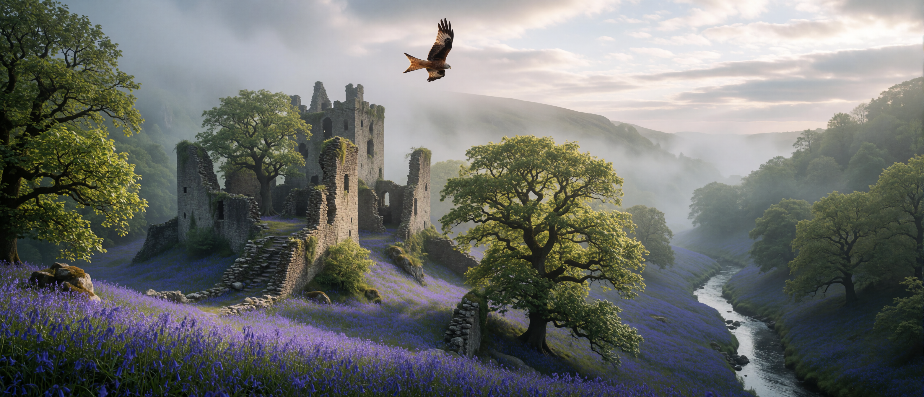 castle-ruin-welsh-slate-valley-bluebells-red-kite-ultrawide
