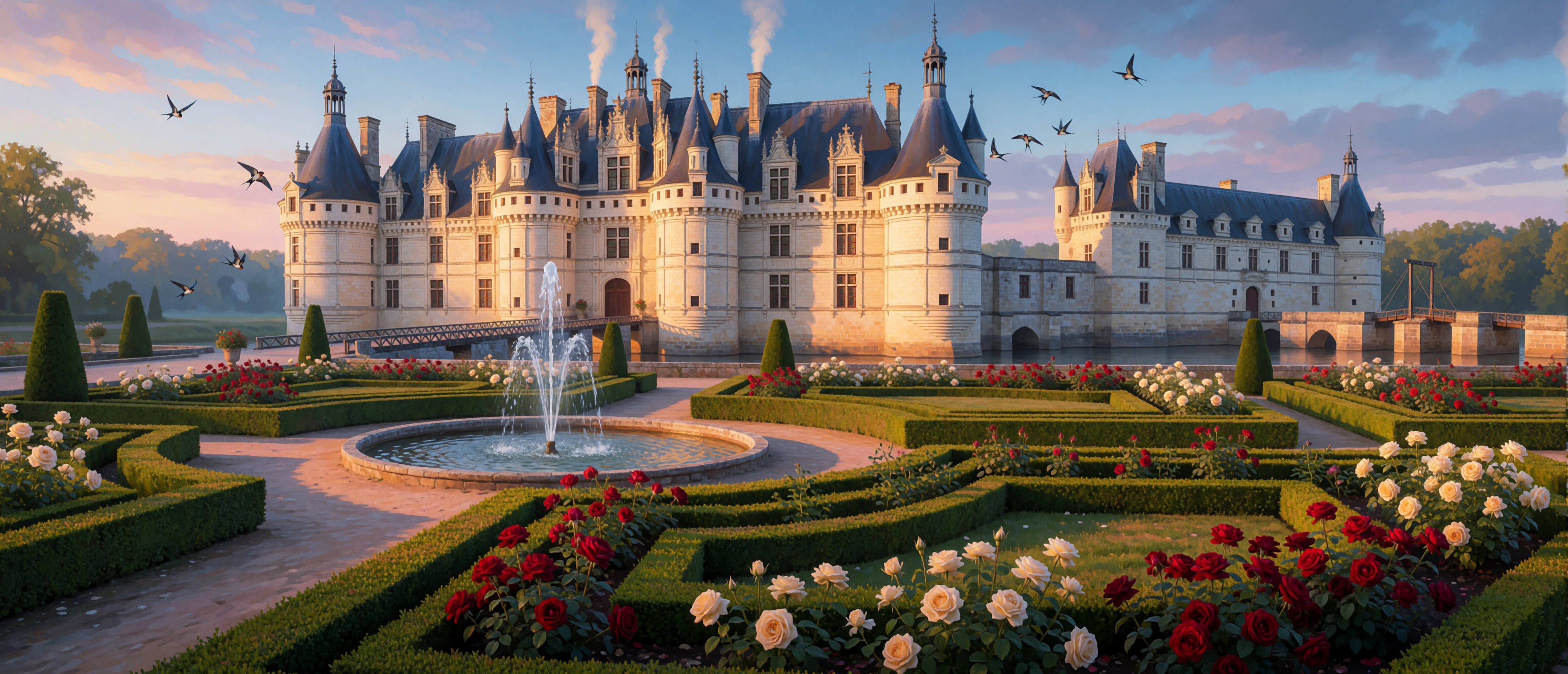 castle-french-loire-chateau-dawn-garden-ultrawide