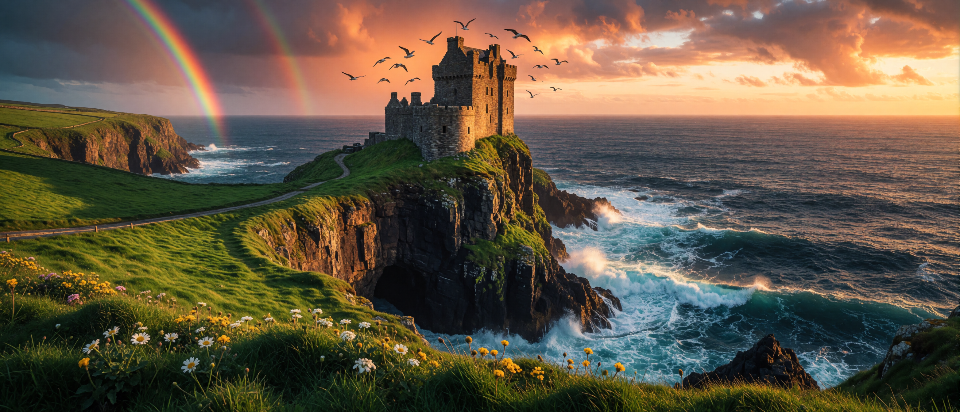 castle-irish-sea-cliff-sunset-ultrawide