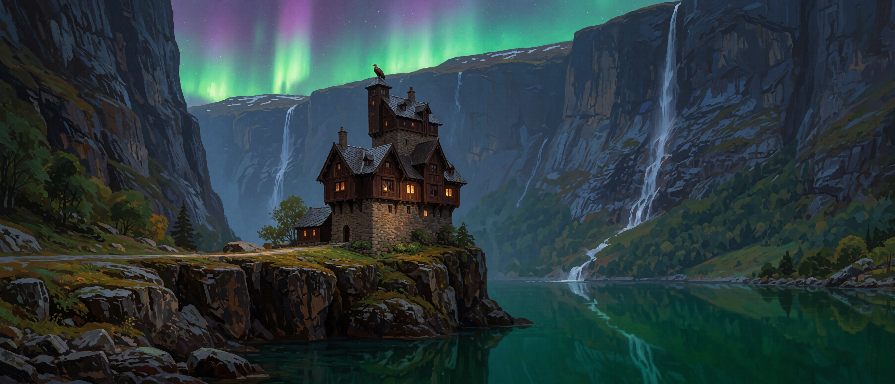 castle-norwegian-fjord-aurora-ultrawide