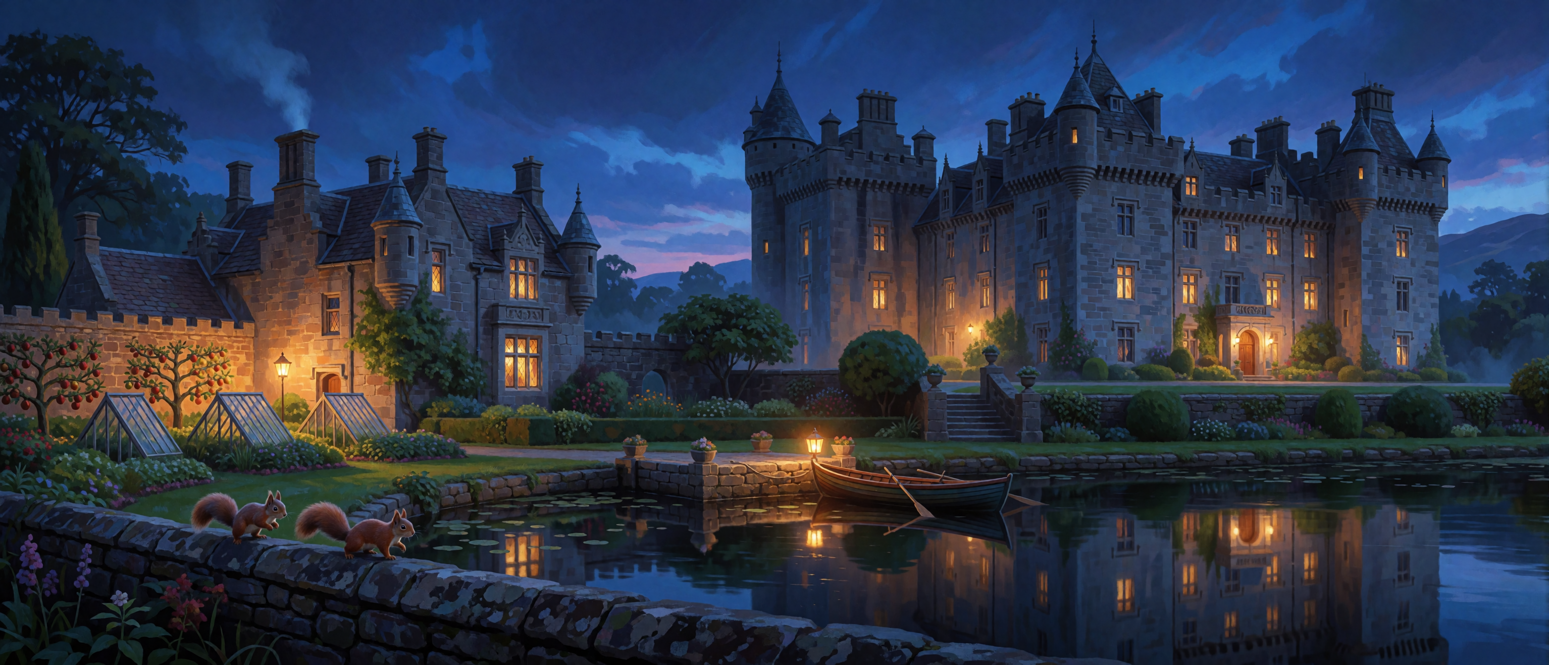 castle-scottish-baronial-dusk-lit-windows-ultrawide