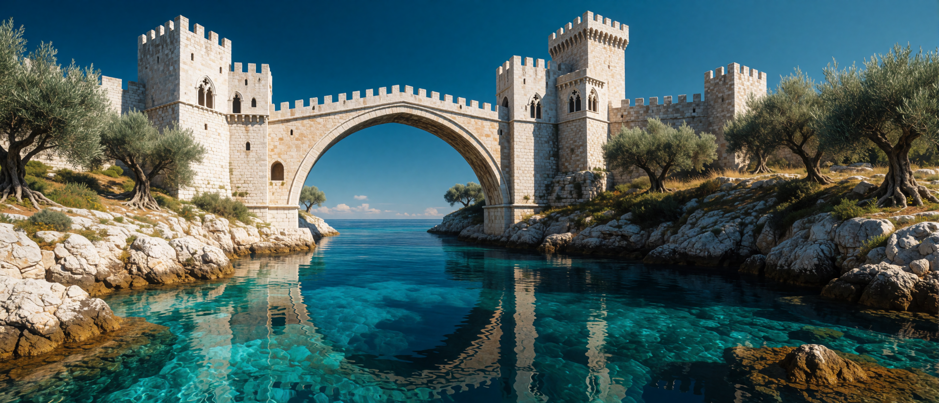 fortified-bridge-castle-dalmatian-coast-turquoise-ultrawide