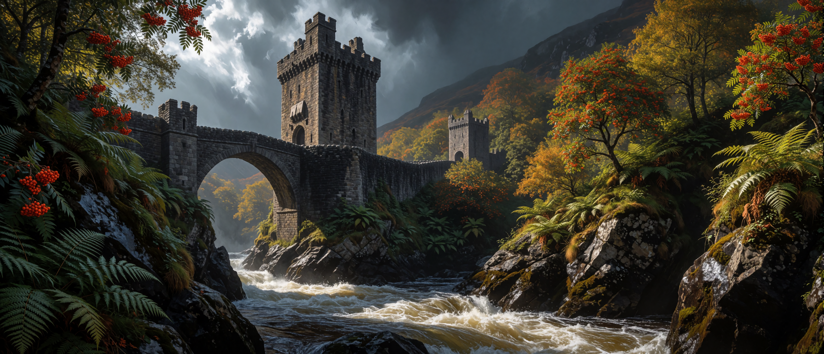 fortified-bridge-castle-scottish-highland-gorge-ultrawide