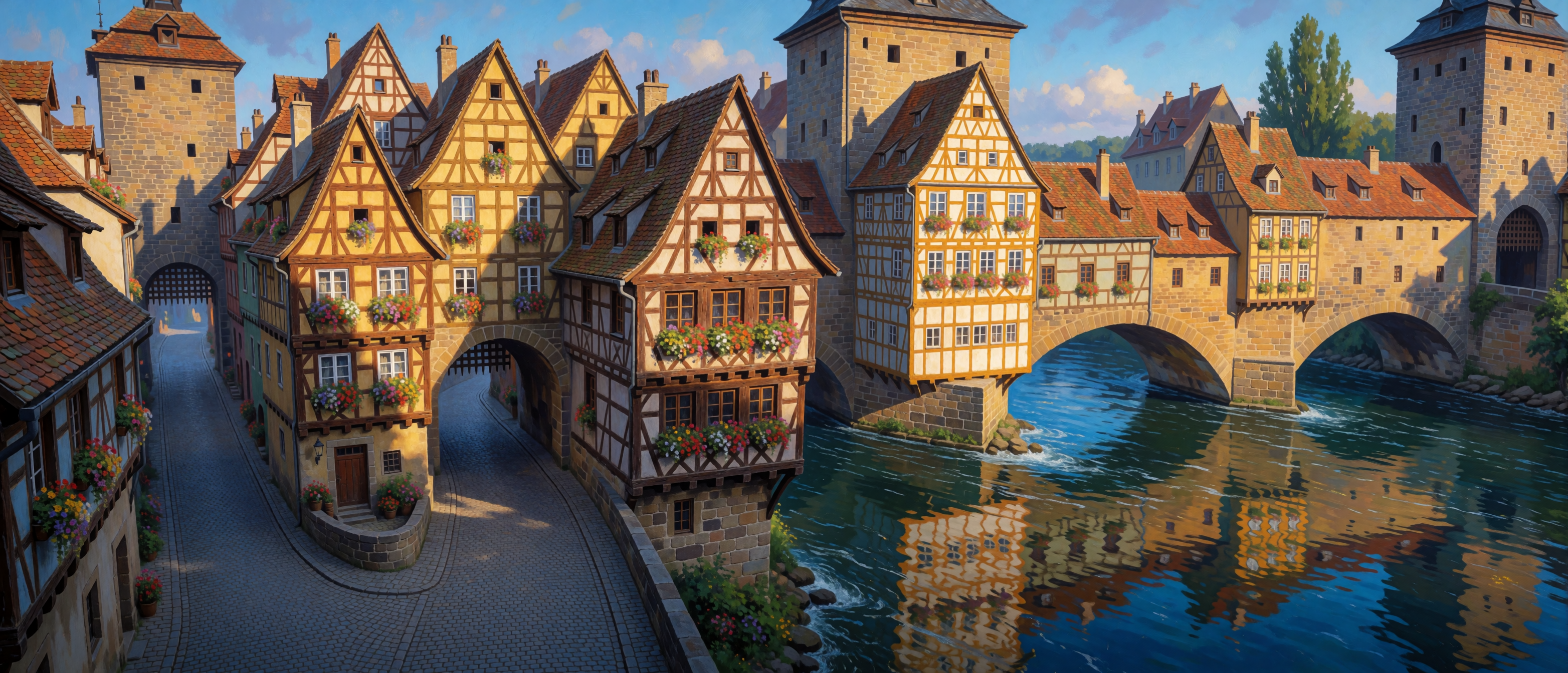 fortified-bridge-castle-shops-german-half-timber-ultrawide