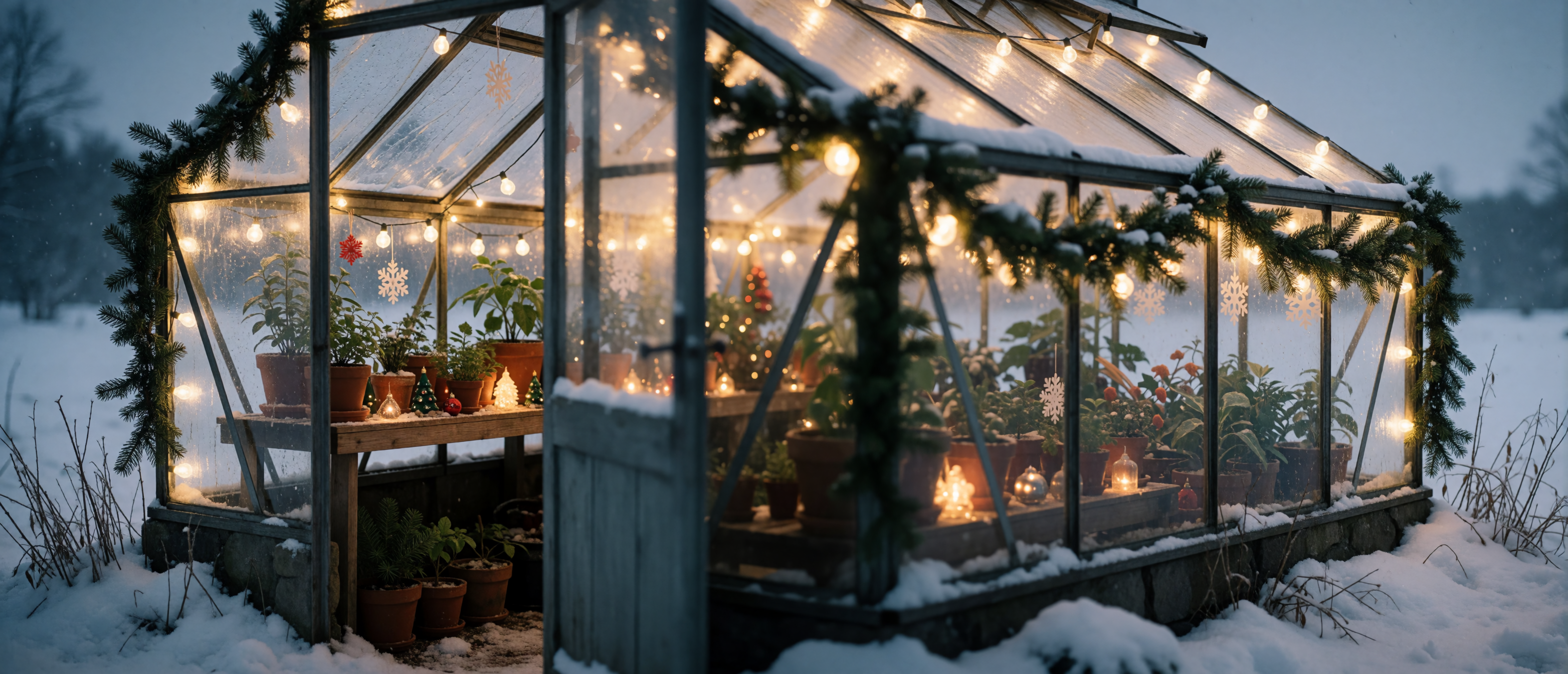 christmas-misc-greenhouse-string-lights-snow-evening-ultrawide