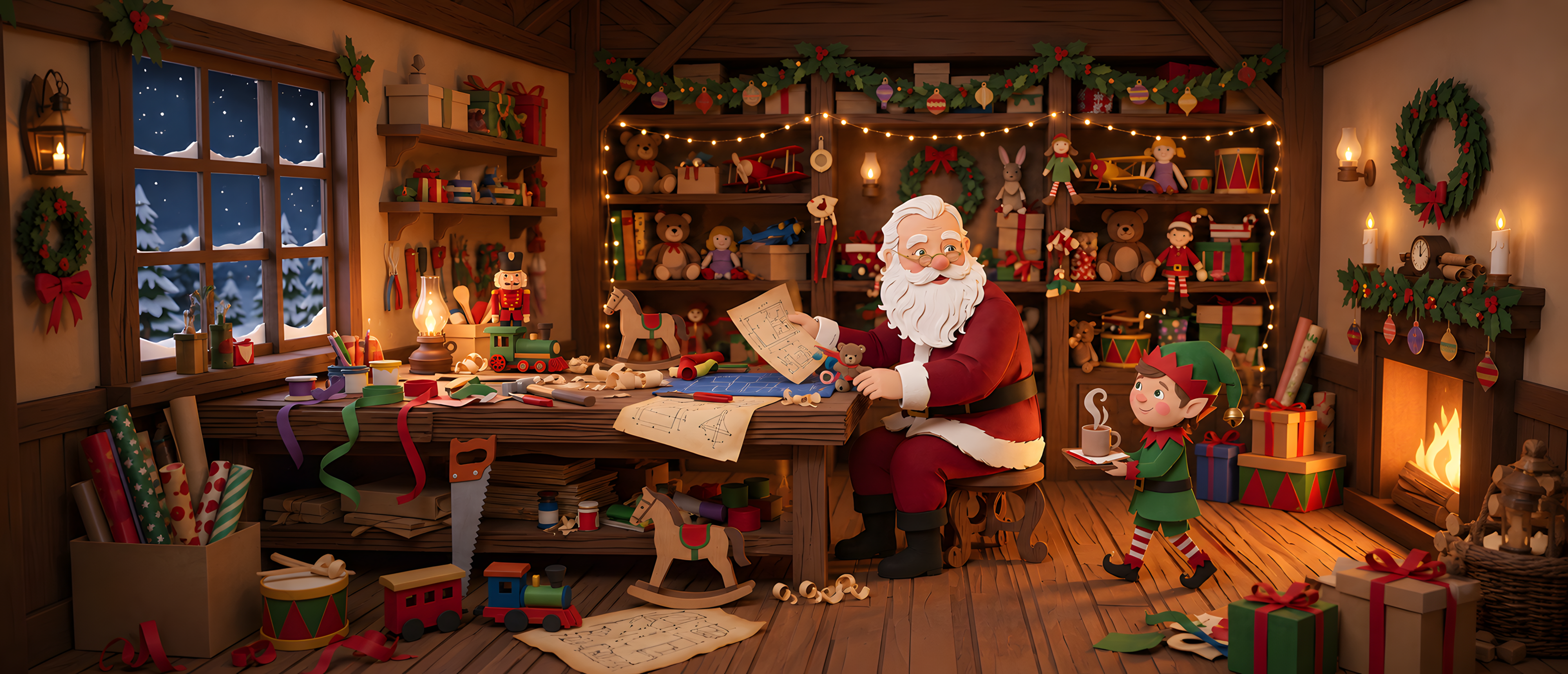 christmas-papercut-elf-delivering-cocoa-to-santa-ultrawide