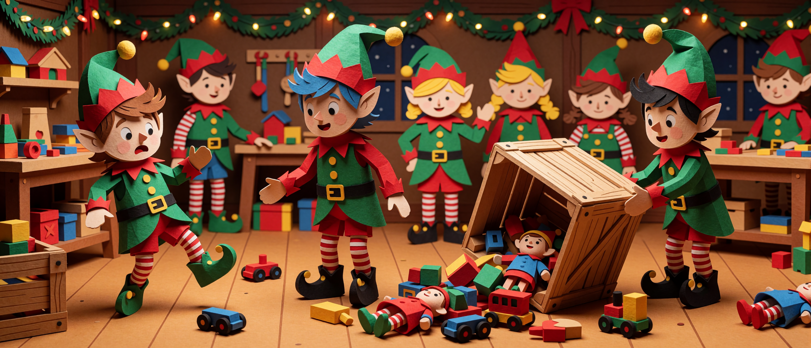 christmas-papercut-elf-spilling-toy-parts-workshop-ultrawide