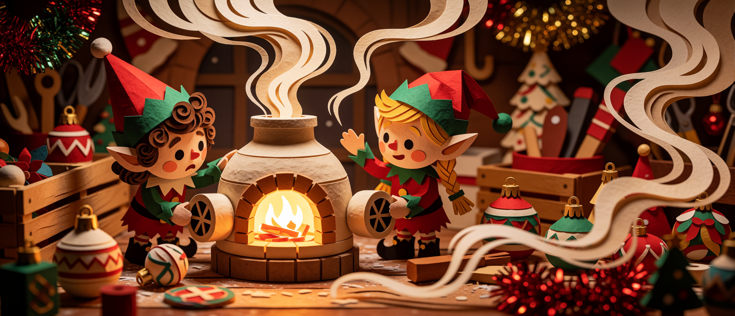 christmas-papercut-elves-smoking-kiln-workshop-ultrawide