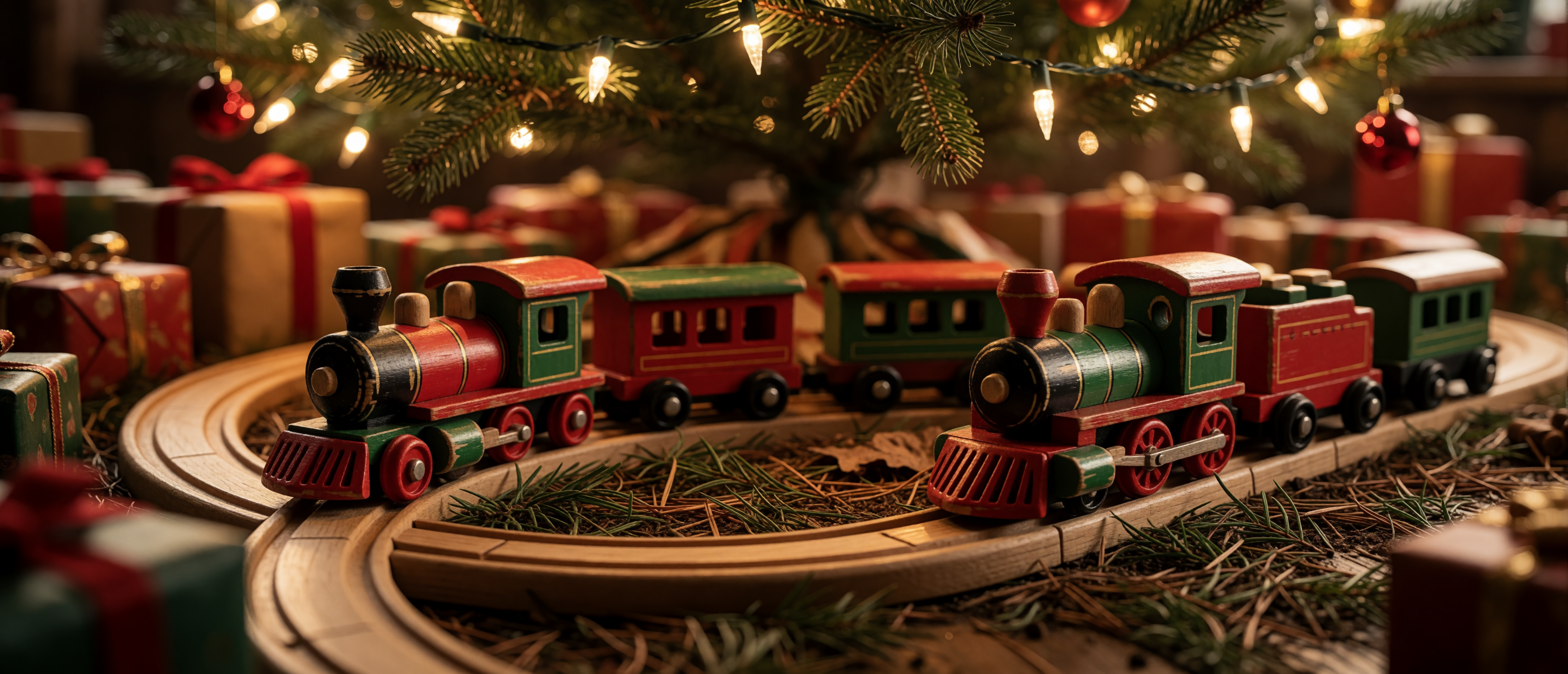 wooden-train-under-christmas-tree-close-up-ultrawide