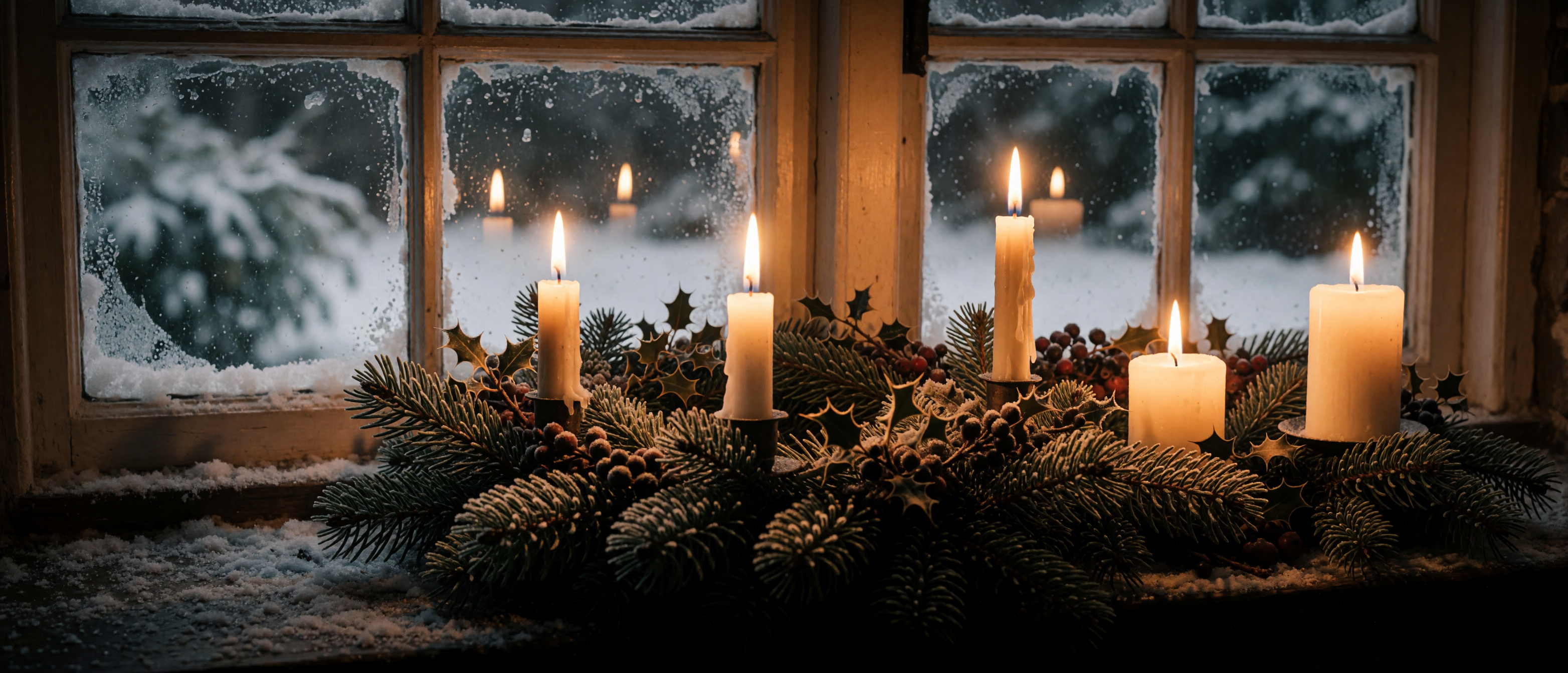 christmas-cottage-advent-wreath-candles-window-frost-dusk-ultrawide