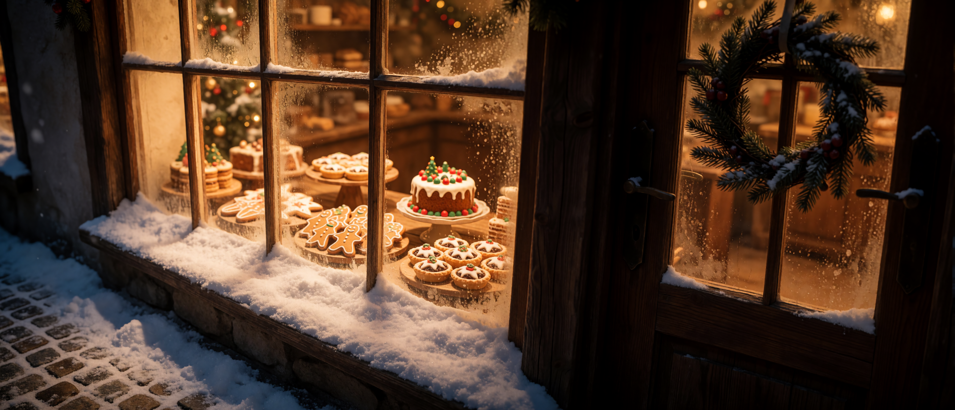 christmas-cottage-bakery-window-gingerbread-cobblestone-snow-ultrawide