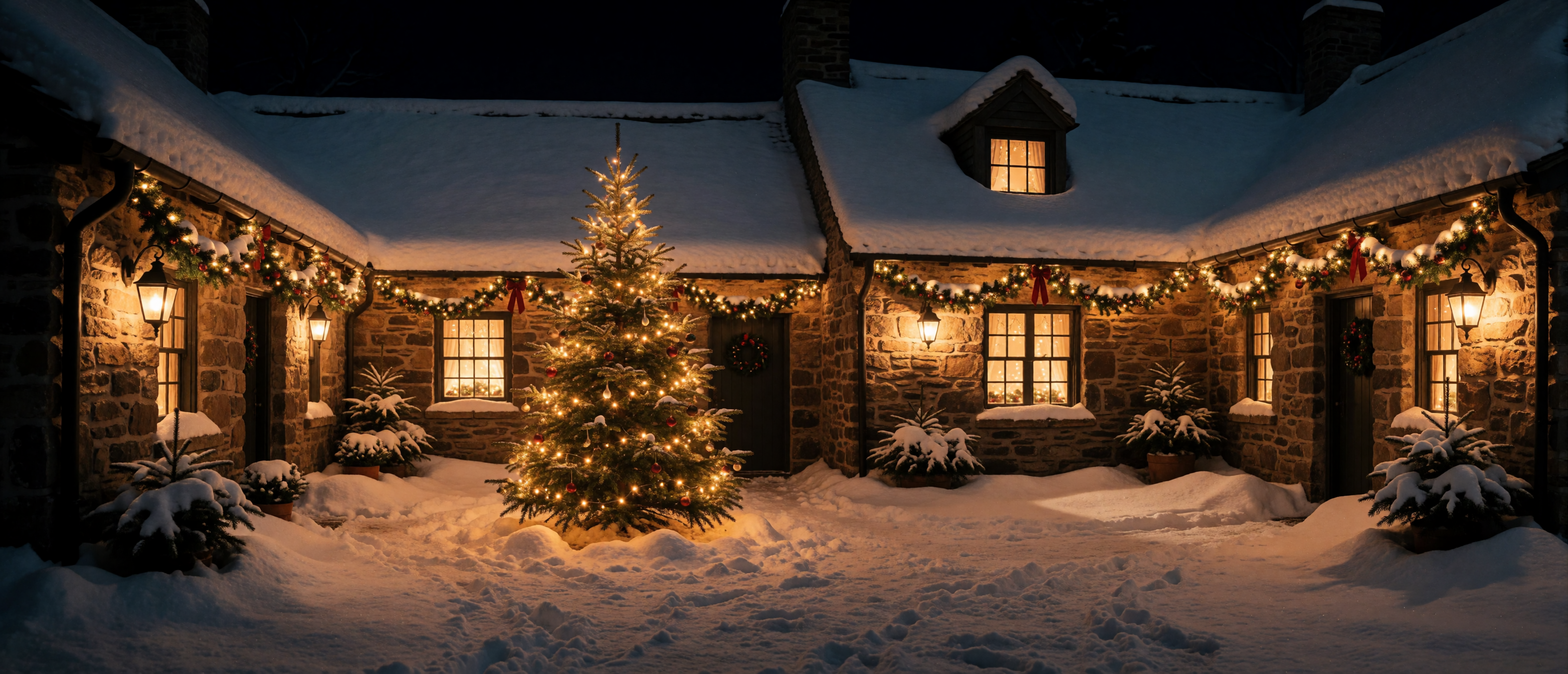 christmas-cottage-courtyard-tree-lanterns-garland-enclosed-snow-ultrawide