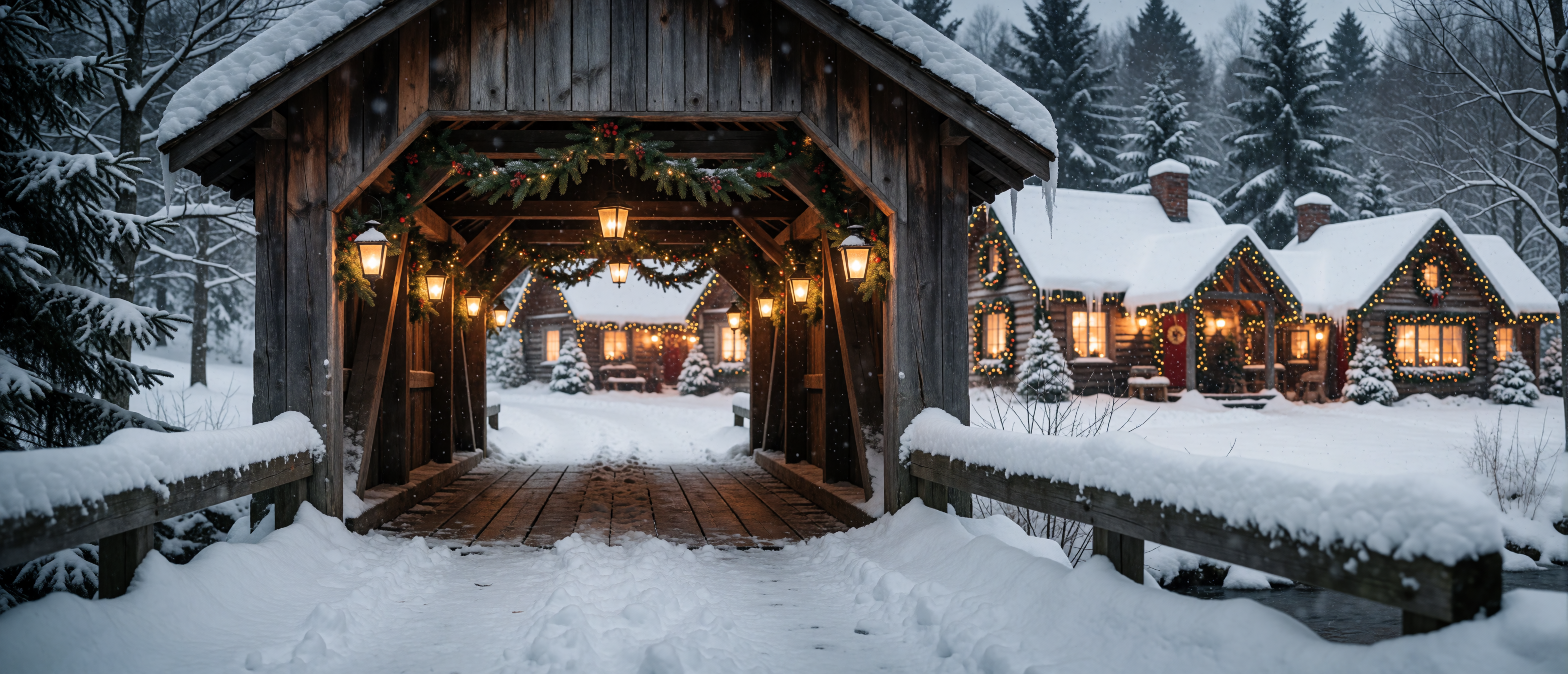 christmas-cottage-covered-bridge-garland-lanterns-snow-warm-ultrawide