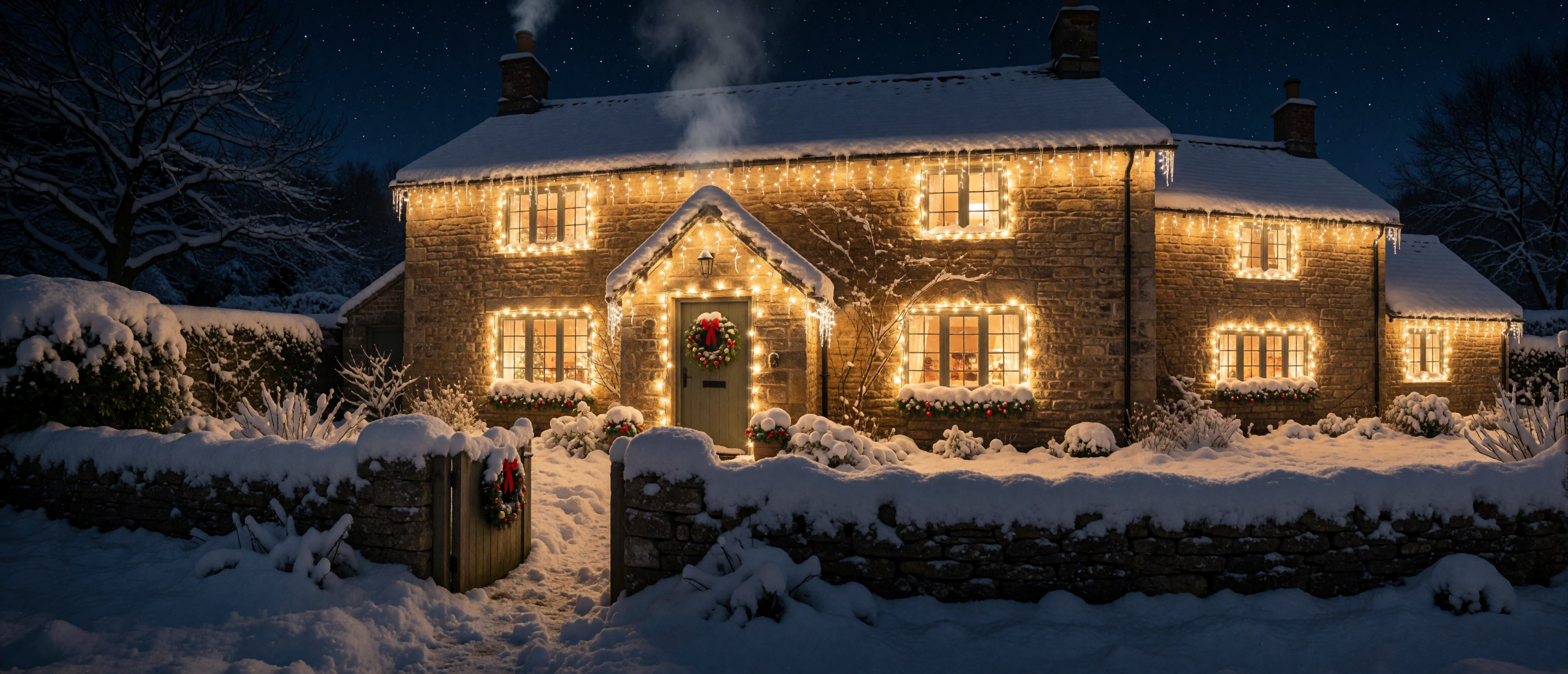 christmas-cottage-exterior-lights-wreath-snow-chimney-icicles-ultrawide