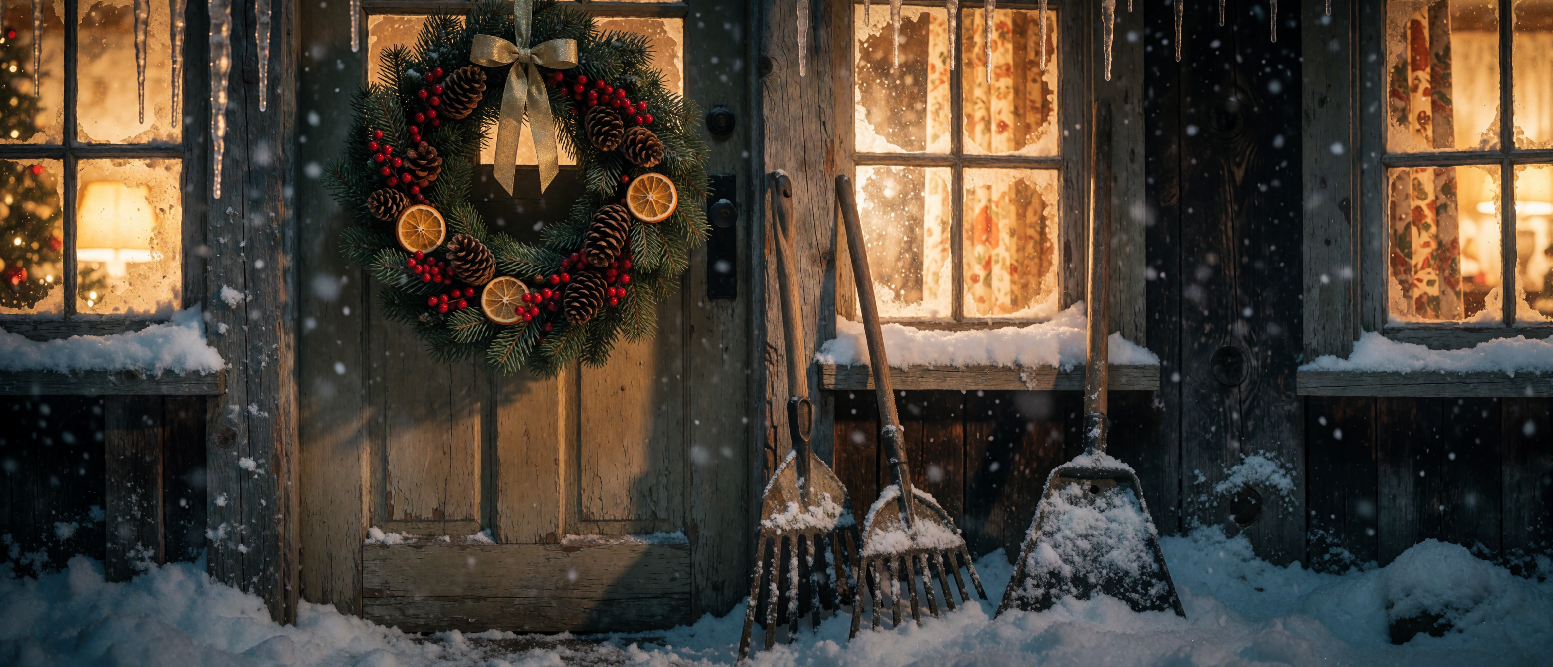 christmas-cottage-front-door-wreath-amber-light-snow-close-ultrawide