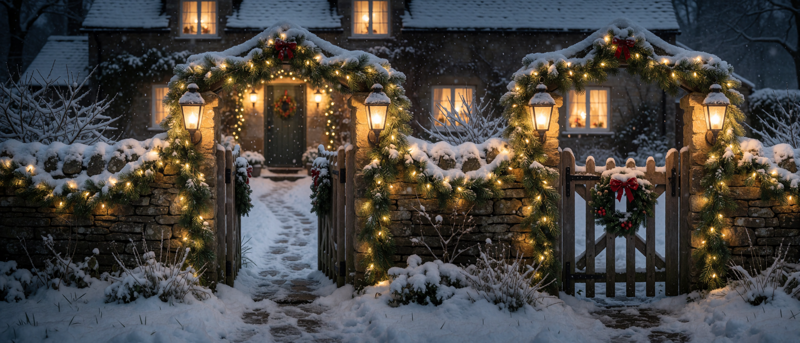 christmas-cottage-garden-gate-garland-lanterns-path-snow-ultrawide