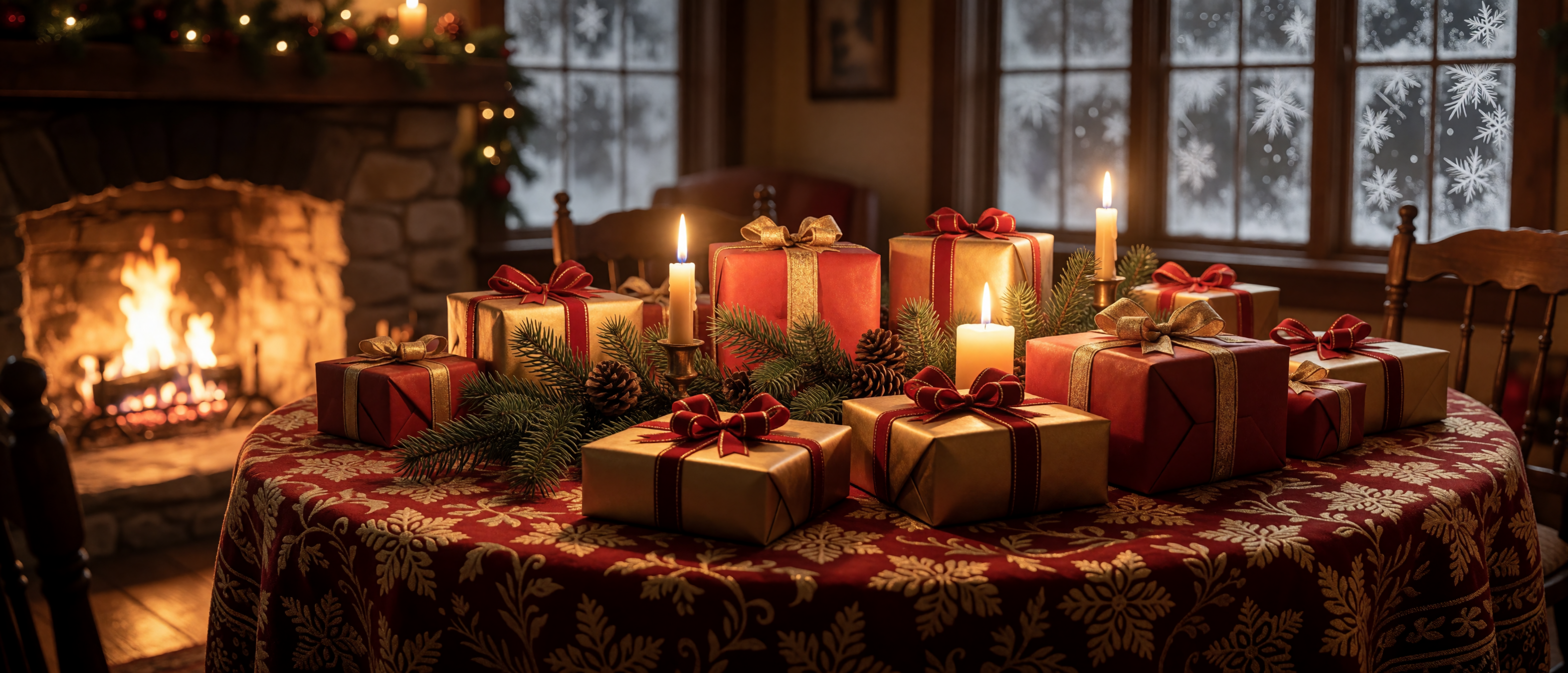 christmas-cottage-gift-table-wrapped-presents-fireplace-warm-ultrawide