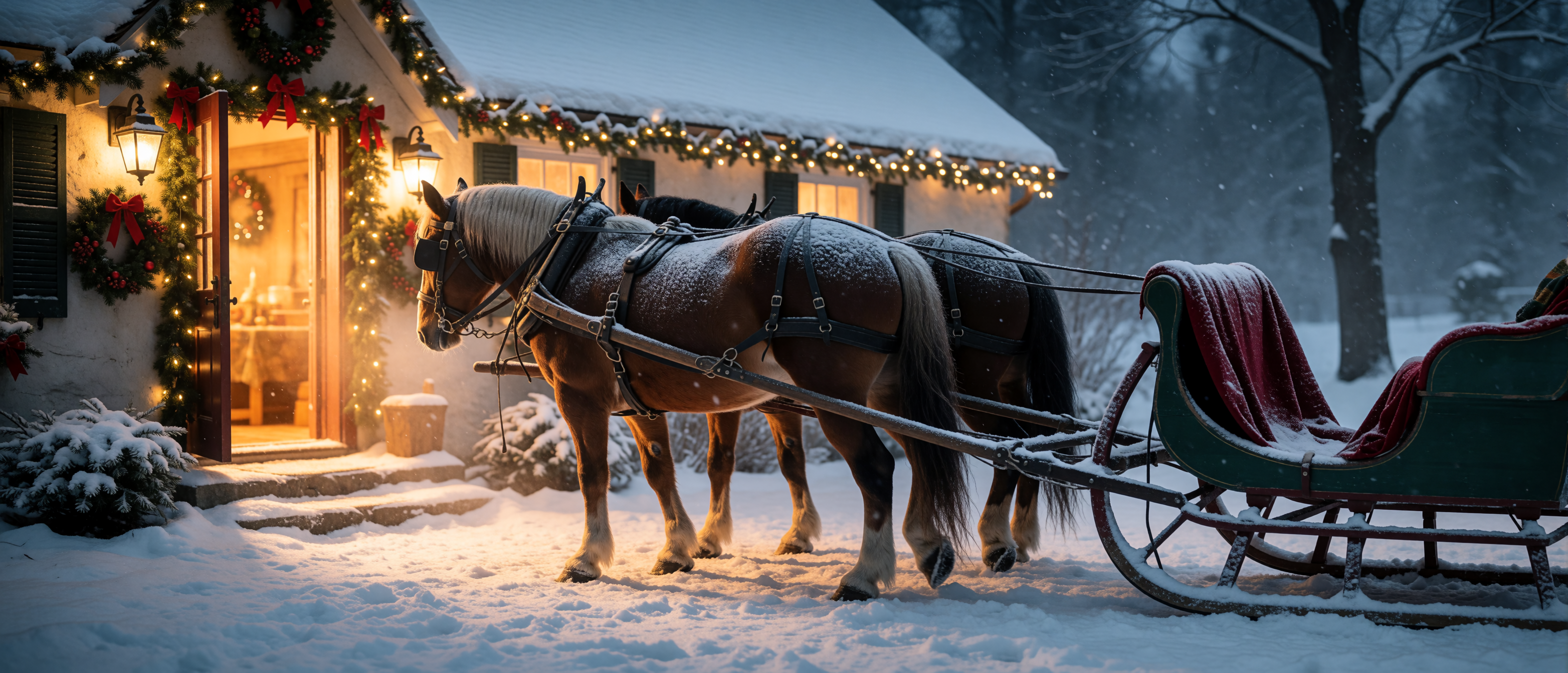 christmas-cottage-horse-sleigh-arrival-amber-door-garland-ultrawide
