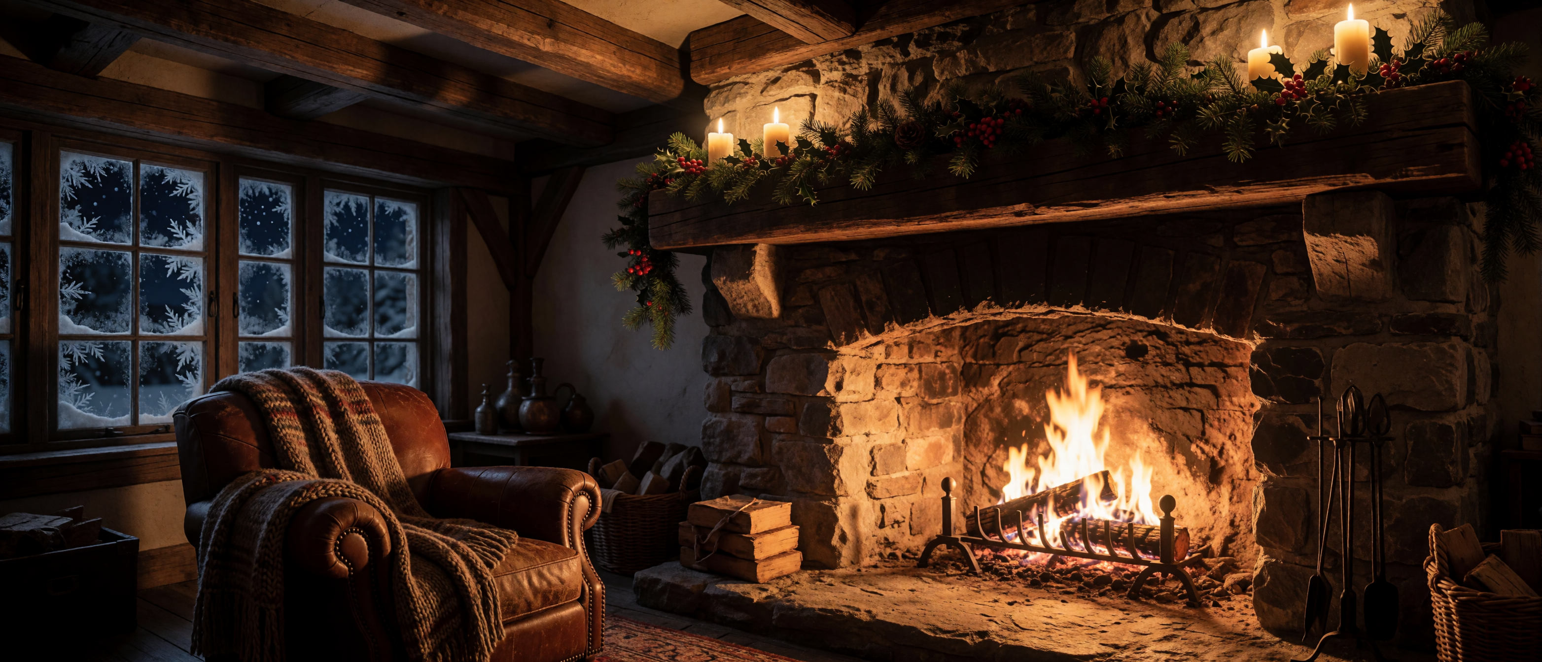 christmas-cottage-interior-stone-fireplace-leather-armchair-frost-ultrawide