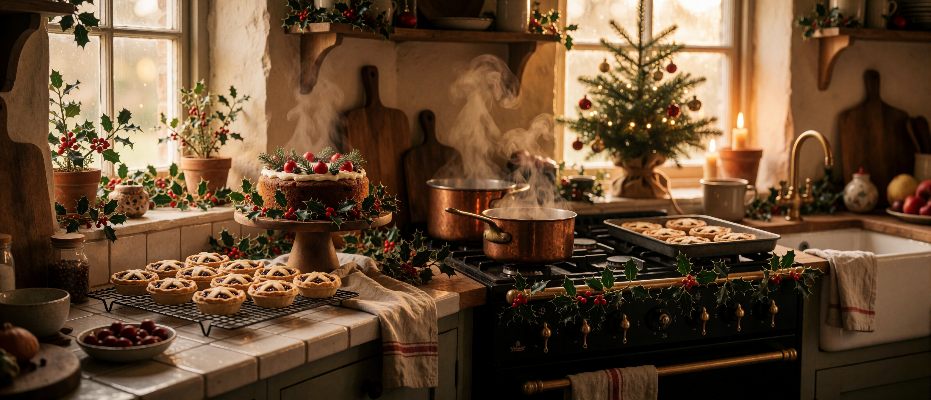 christmas-cottage-kitchen-baking-mince-pies-holly-copper-ultrawide